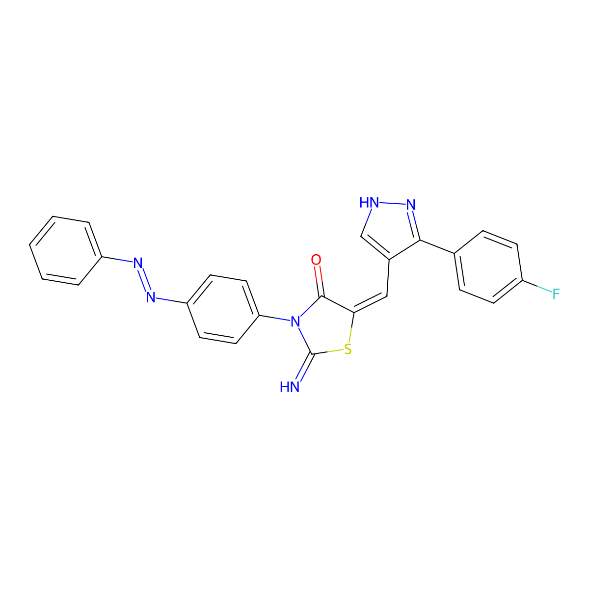 4-Thiazolidinone, 5-[[3-(4-fluorophenyl)-1H-pyrazol-4-yl]methylene]-2-imino-3-[4-(2-phenyldiazenyl)phenyl]- molecular structure, CAS 442657-26-3