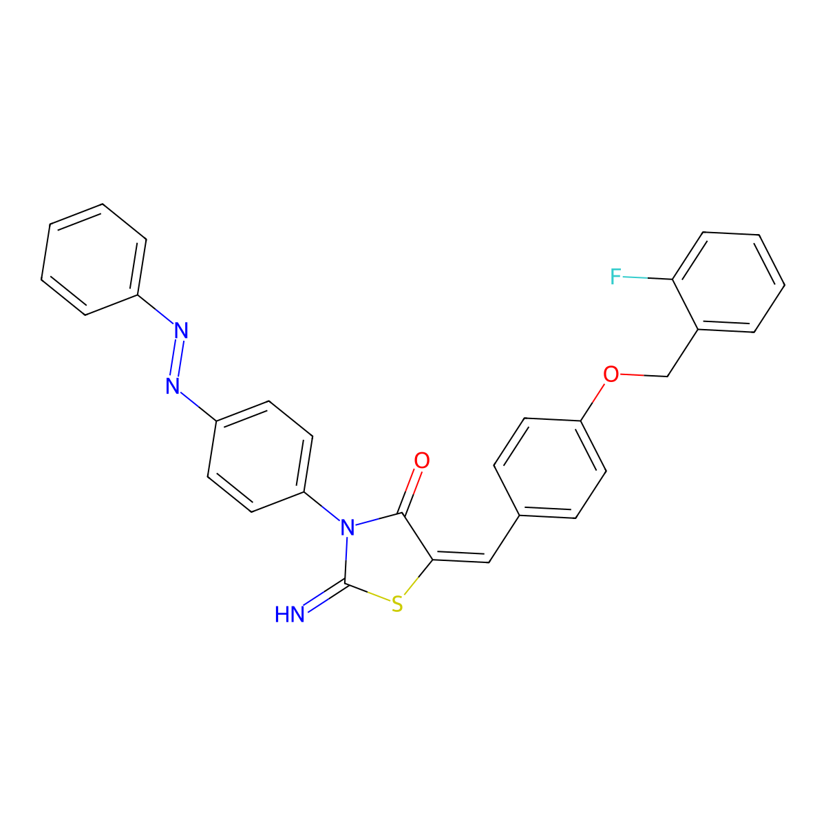 4-Thiazolidinone, 5-[[4-[(2-fluorophenyl)methoxy]phenyl]methylene]-2-imino-3-[4-(2-phenyldiazenyl)phenyl]- molecular structure, CAS 442657-27-4