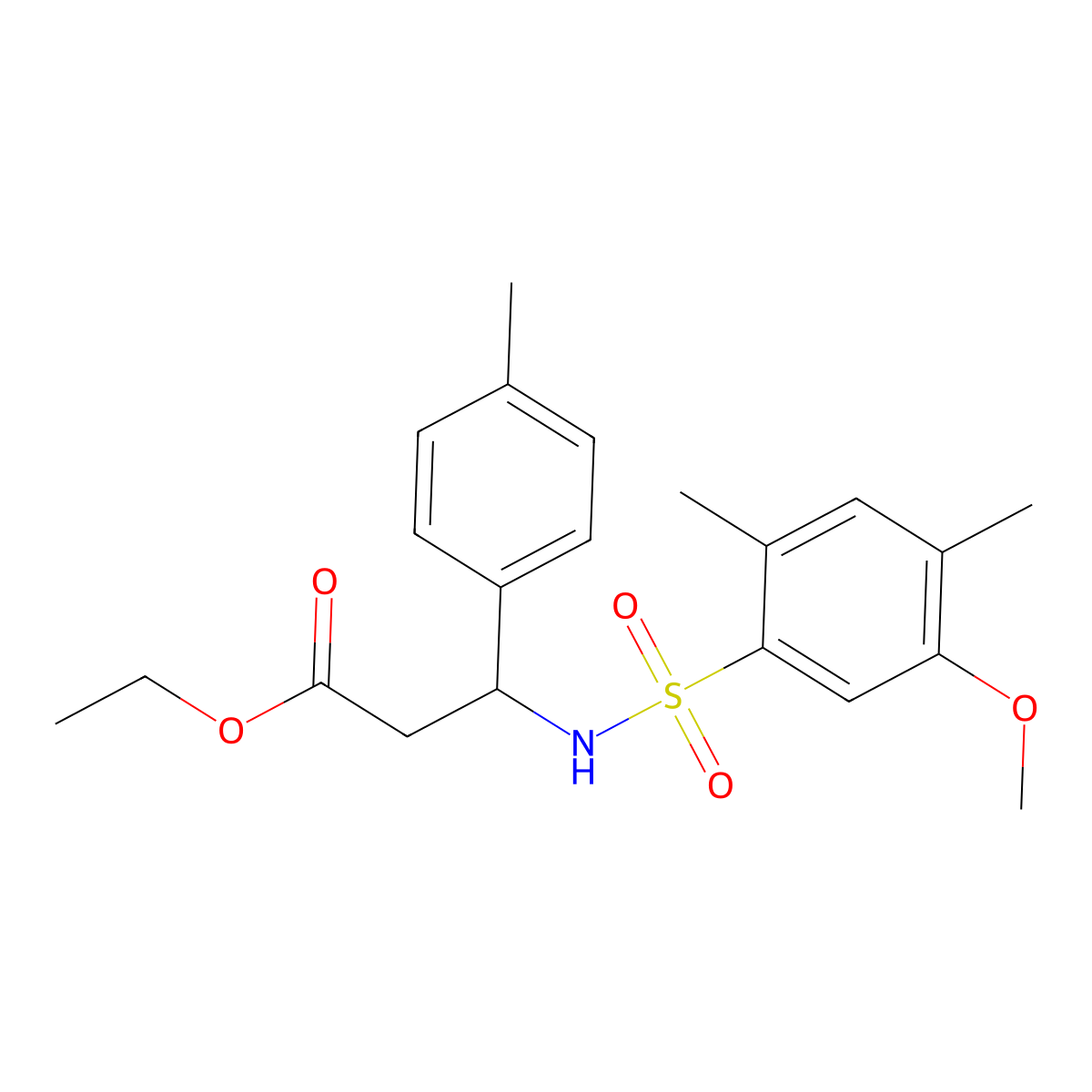 Ethyl 3-(5-methoxy-2,4-dimethylbenzenesulfonamido)-3-(4-methylphenyl)propanoate molecular structure, CAS 442658-78-8