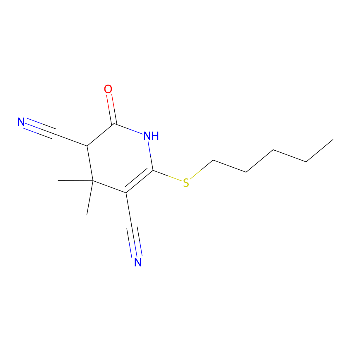4,4-Dimethyl-2-oxo-6-(pentylthio)-1,2,3,4-tetrahydropyridine-3,5-dicarbonitrile molecular structure, CAS 442659-68-9