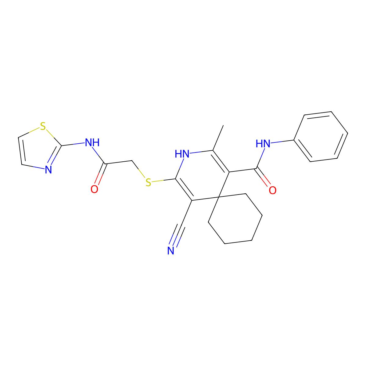 5-cyano-2-methyl-4-((2-oxo-2-(thiazol-2-ylamino)ethyl)thio)-N-phenyl-3-azaspiro[5.5]undeca-1,4-diene-1-carboxamide molecular structure, CAS 442659-69-0