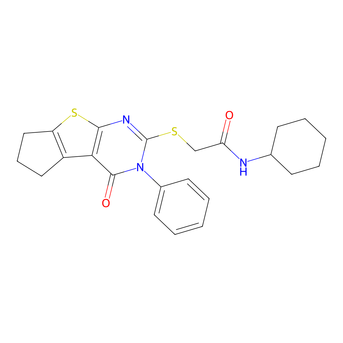 N-cyclohexyl-2-[(4-oxo-3-phenyl-3,5,6,7-tetrahydro-4H-cyclopenta[4,5]thieno[2,3-d]pyrimidin-2-yl)sulfanyl]acetamide molecular structure, CAS 442660-49-3