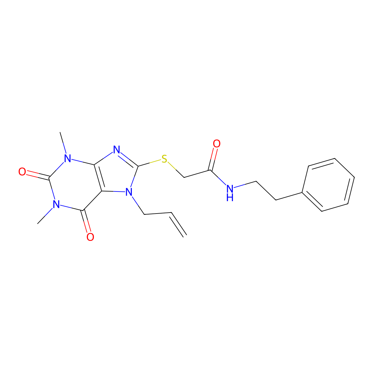2-{[1,3-dimethyl-2,6-dioxo-7-(prop-2-en-1-yl)-2,3,6,7-tetrahydro-1H-purin-8-yl]sulfanyl}-N-(2-phenylethyl)acetamide molecular structure, CAS 442666-14-0