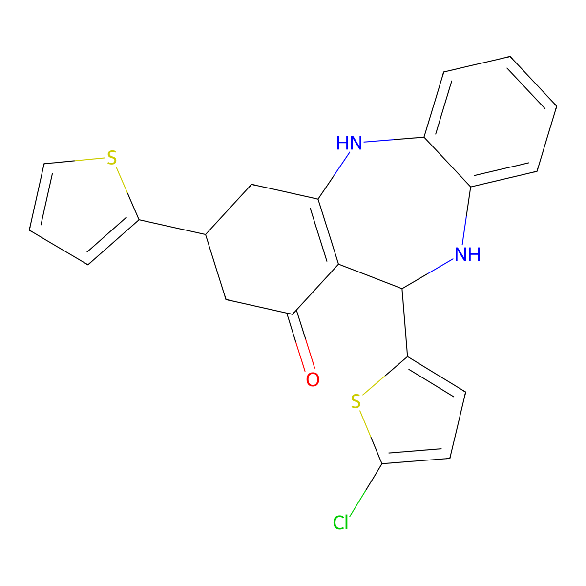 6-(5-Chlorothiophen-2-yl)-9-thiophen-2-yl-5,6,8,9,10,11-hexahydrobenzo[b][1,4]benzodiazepin-7-one molecular structure, CAS 442666-33-3