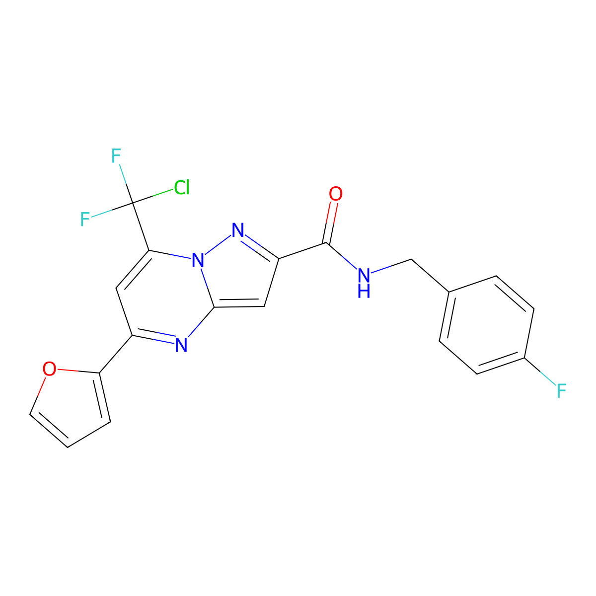 7-(Chlorodifluoromethyl)-N-[(4-fluorophenyl)methyl]-5-(2-furanyl)pyrazolo[1,5-a]pyrimidine-2-carboxamide molecular structure, CAS 442666-99-1