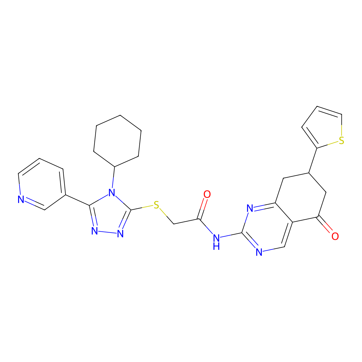 2-{[4-cyclohexyl-5-(pyridin-3-yl)-4H-1,2,4-triazol-3-yl]sulfanyl}-N-[5-oxo-7-(thiophen-2-yl)-5,6,7,8-tetrahydroquinazolin-2-yl]acetamide molecular structure, CAS 442668-83-9