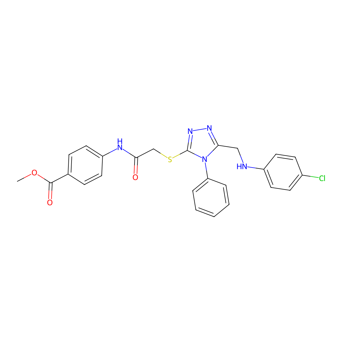 methyl 4-(2-((5-(((4-chlorophenyl)amino)methyl)-4-phenyl-4H-1,2,4-triazol-3-yl)thio)acetamido)benzoate molecular structure, CAS 442669-27-4