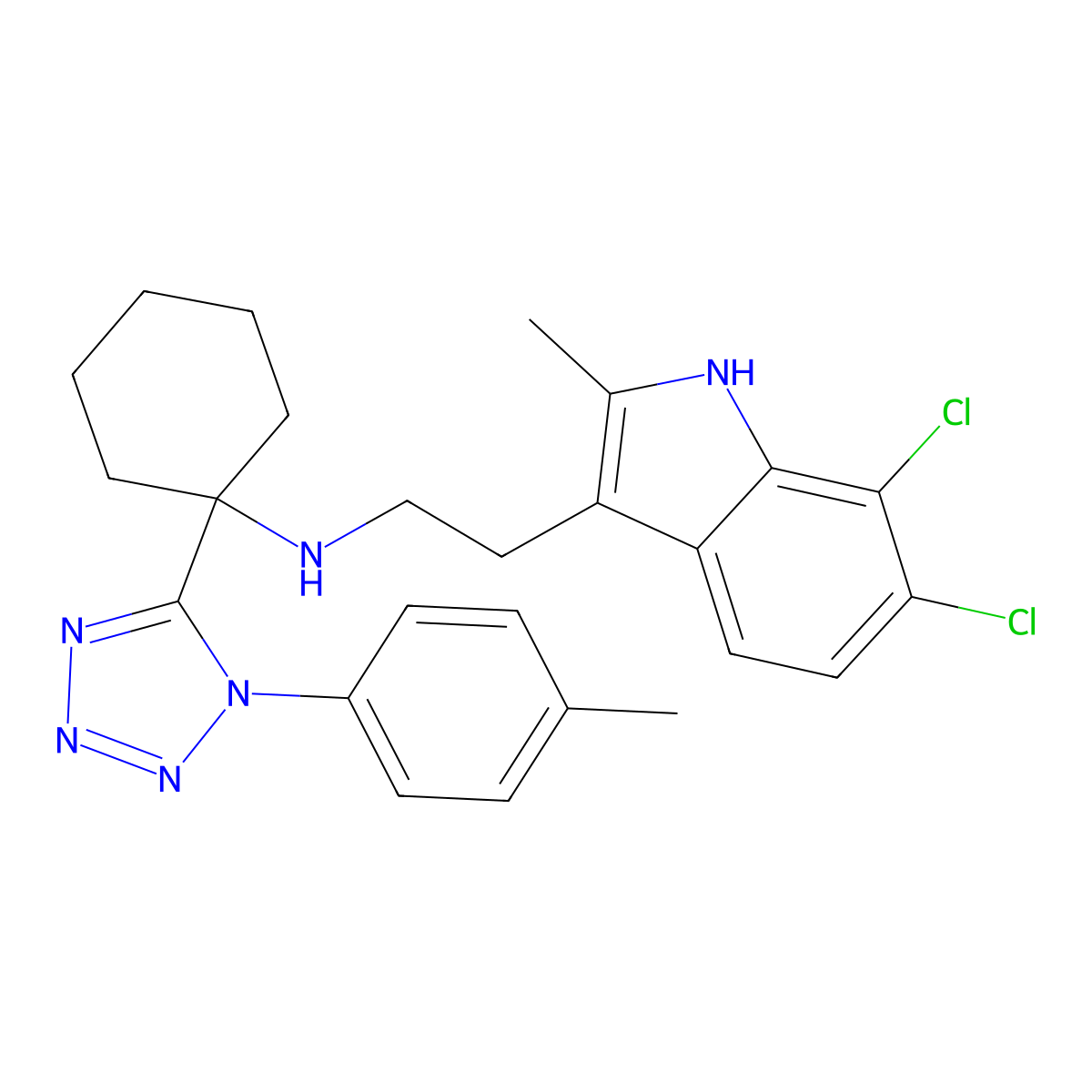 N-[2-(6,7-dichloro-2-methyl-1H-indol-3-yl)ethyl]-1-[1-(4-methylphenyl)tetrazol-5-yl]cyclohexan-1-amine molecular structure, CAS 442671-14-9