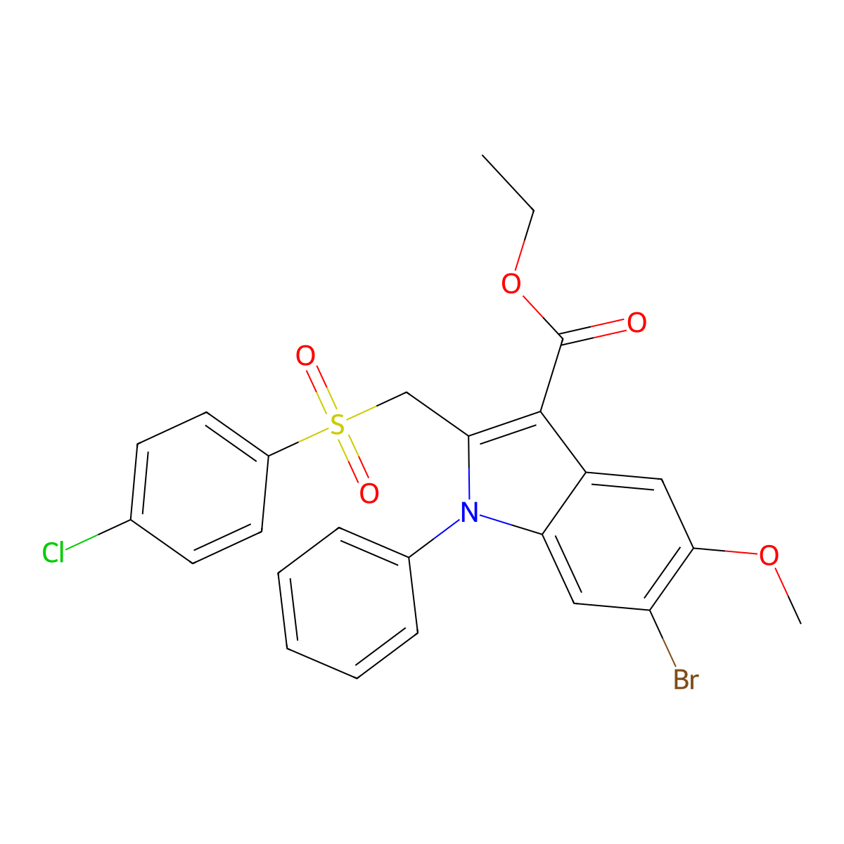 Ethyl 6-bromo-2-[(4-chlorophenyl)sulfonylmethyl]-5-methoxy-1-phenylindole-3-carboxylate molecular structure, CAS 442672-16-4