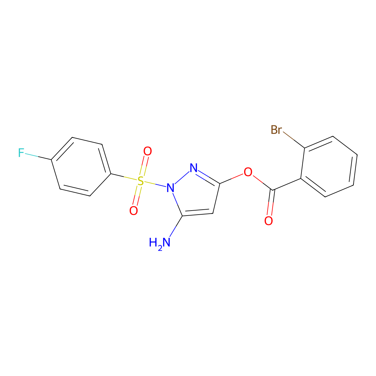 5-amino-1-((4-fluorophenyl)sulfonyl)-1H-pyrazol-3-yl 2-bromobenzoate molecular structure, CAS 442679-20-1