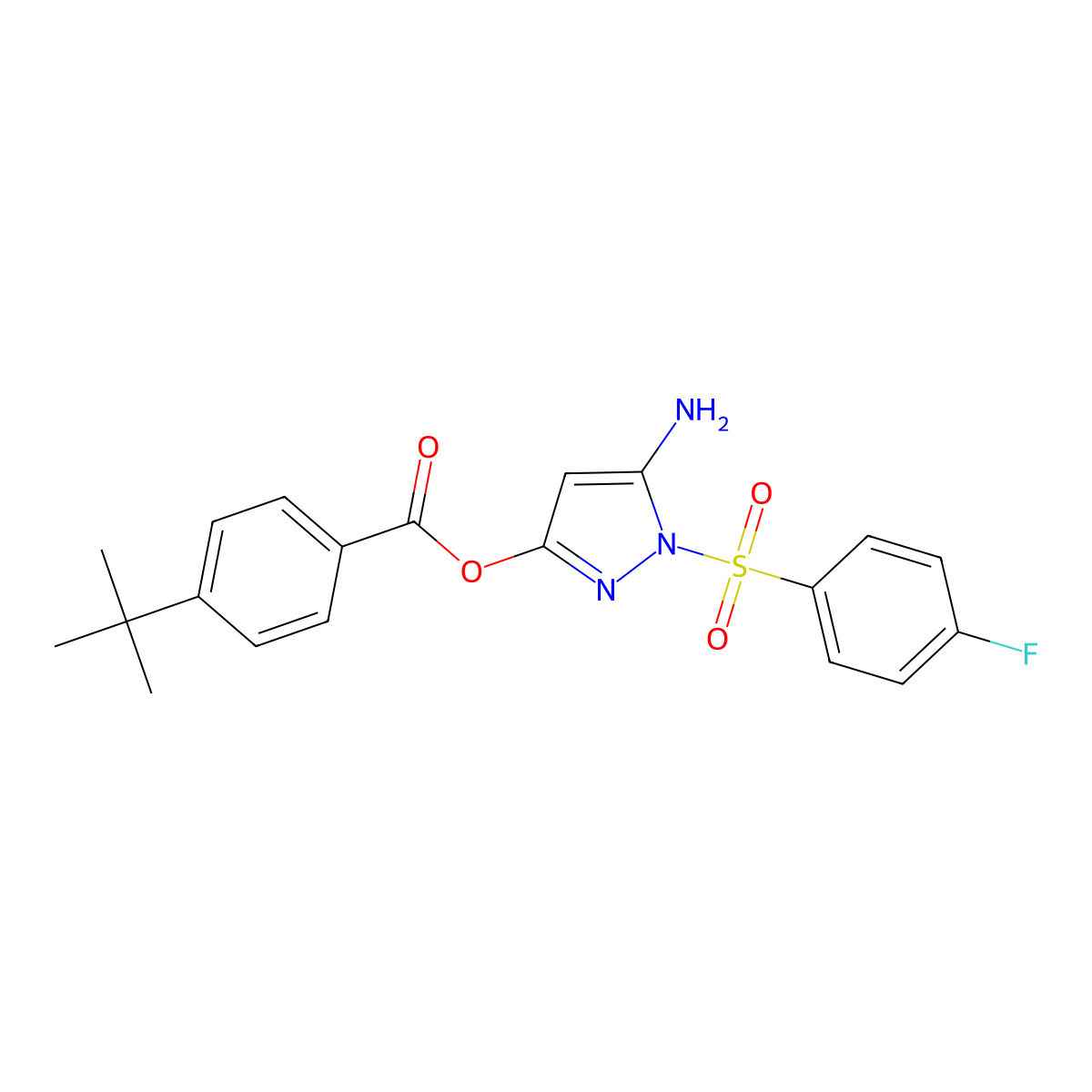 [5-Amino-1-(4-fluorophenyl)sulfonylpyrazol-3-yl] 4-tert-butylbenzoate molecular structure, CAS 442679-25-6