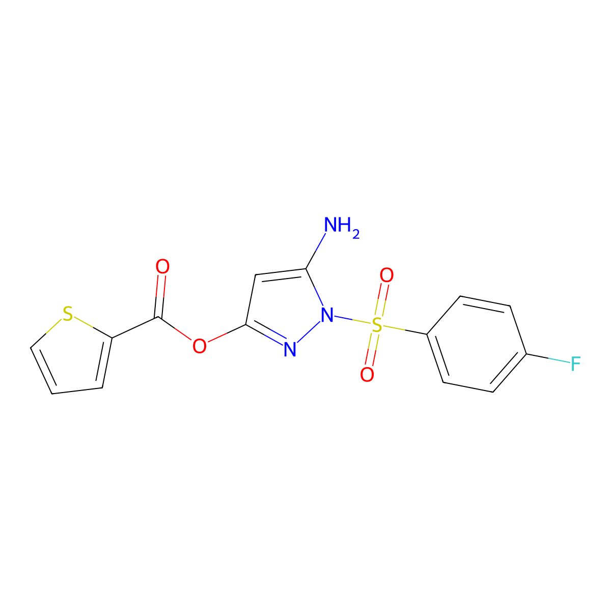 5-amino-1-(4-fluorobenzenesulfonyl)-1H-pyrazol-3-yl thiophene-2-carboxylate molecular structure, CAS 442679-28-9