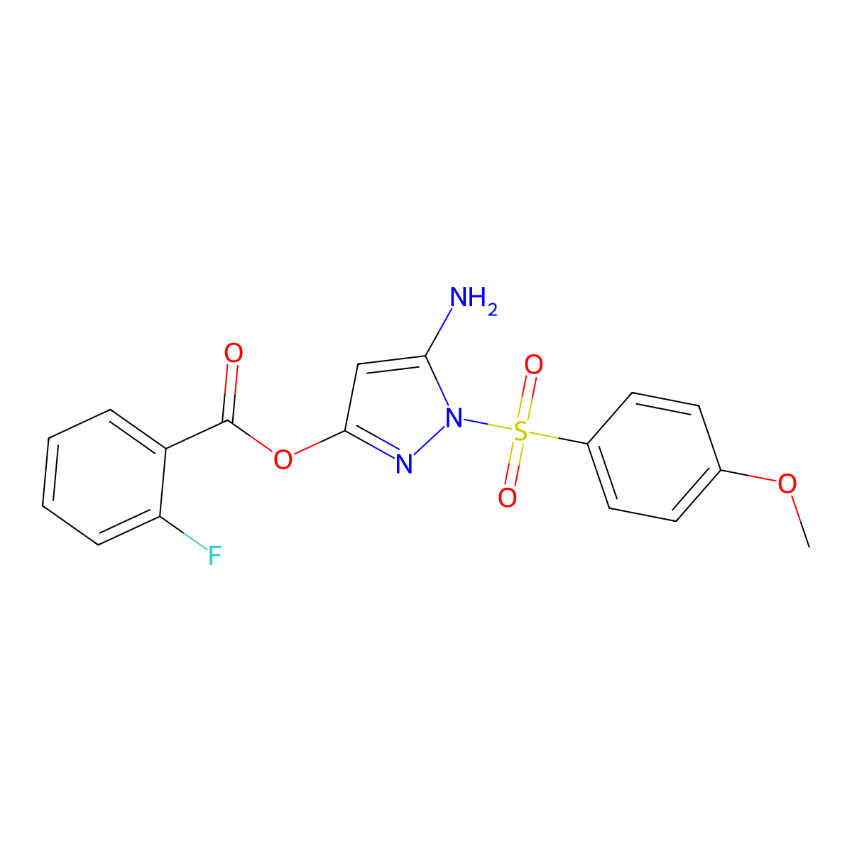 [5-Amino-1-(4-methoxyphenyl)sulfonylpyrazol-3-yl] 2-fluorobenzoate molecular structure, CAS 442679-39-2