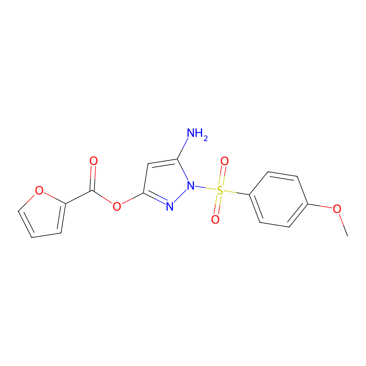 Furan-2-carboxylic acid 5-amino-1-(4-methoxy-benzenesulfonyl)-1H-pyrazol-3-yl ester molecular structure, CAS 442679-49-4
