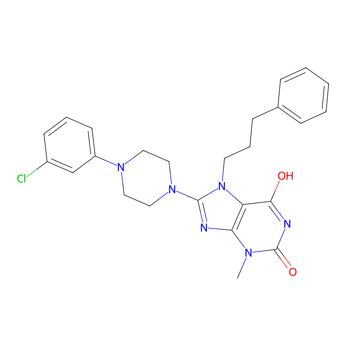 8-(4-(3-chlorophenyl)piperazin-1-yl)-3-methyl-7-(3-phenylpropyl)-1H-purine-2,6(3H,7H)-dione molecular structure, CAS 442864-44-0