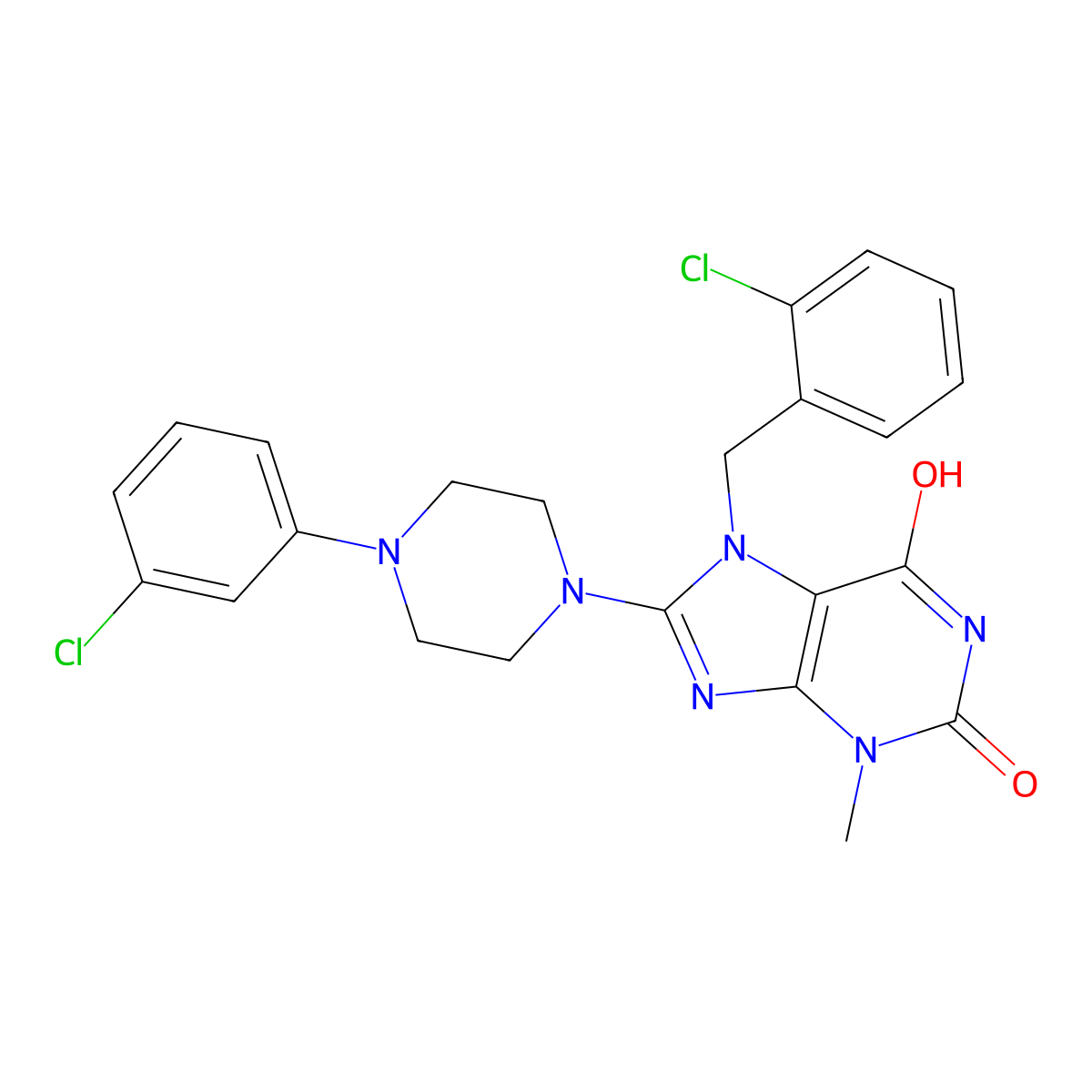 7-(2-chlorobenzyl)-8-(4-(3-chlorophenyl)piperazin-1-yl)-3-methyl-1H-purine-2,6(3H,7H)-dione molecular structure, CAS 442864-47-3