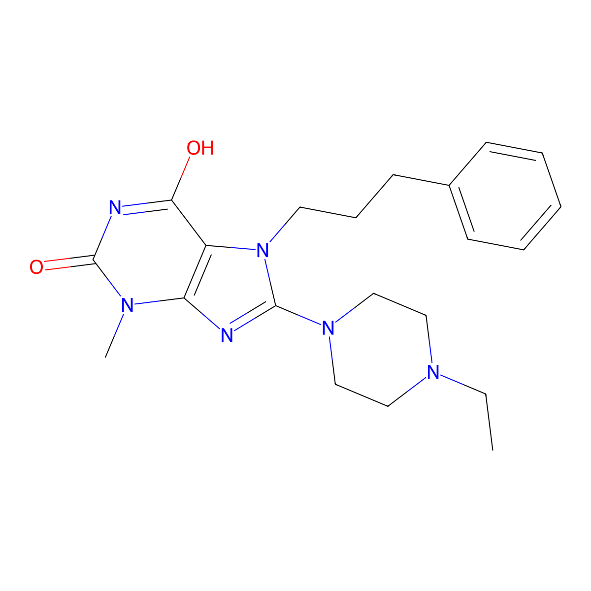 8-(4-ethylpiperazin-1-yl)-3-methyl-7-(3-phenylpropyl)-1H-purine-2,6(3H,7H)-dione molecular structure, CAS 442864-50-8
