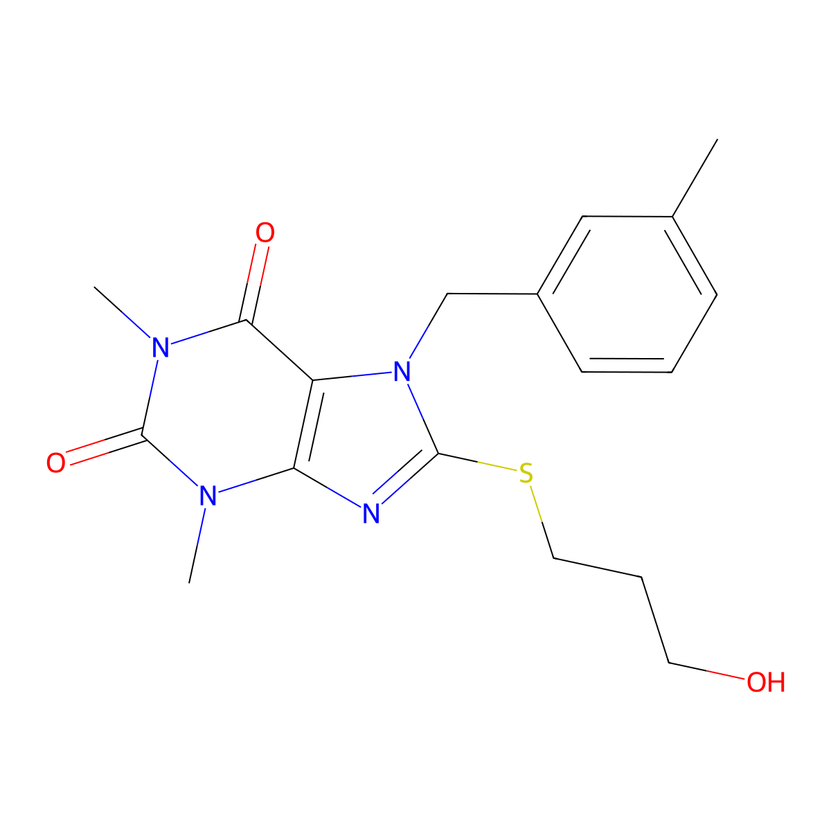 8-((3-hydroxypropyl)thio)-1,3-dimethyl-7-(3-methylbenzyl)-1H-purine-2,6(3H,7H)-dione molecular structure, CAS 442864-52-0