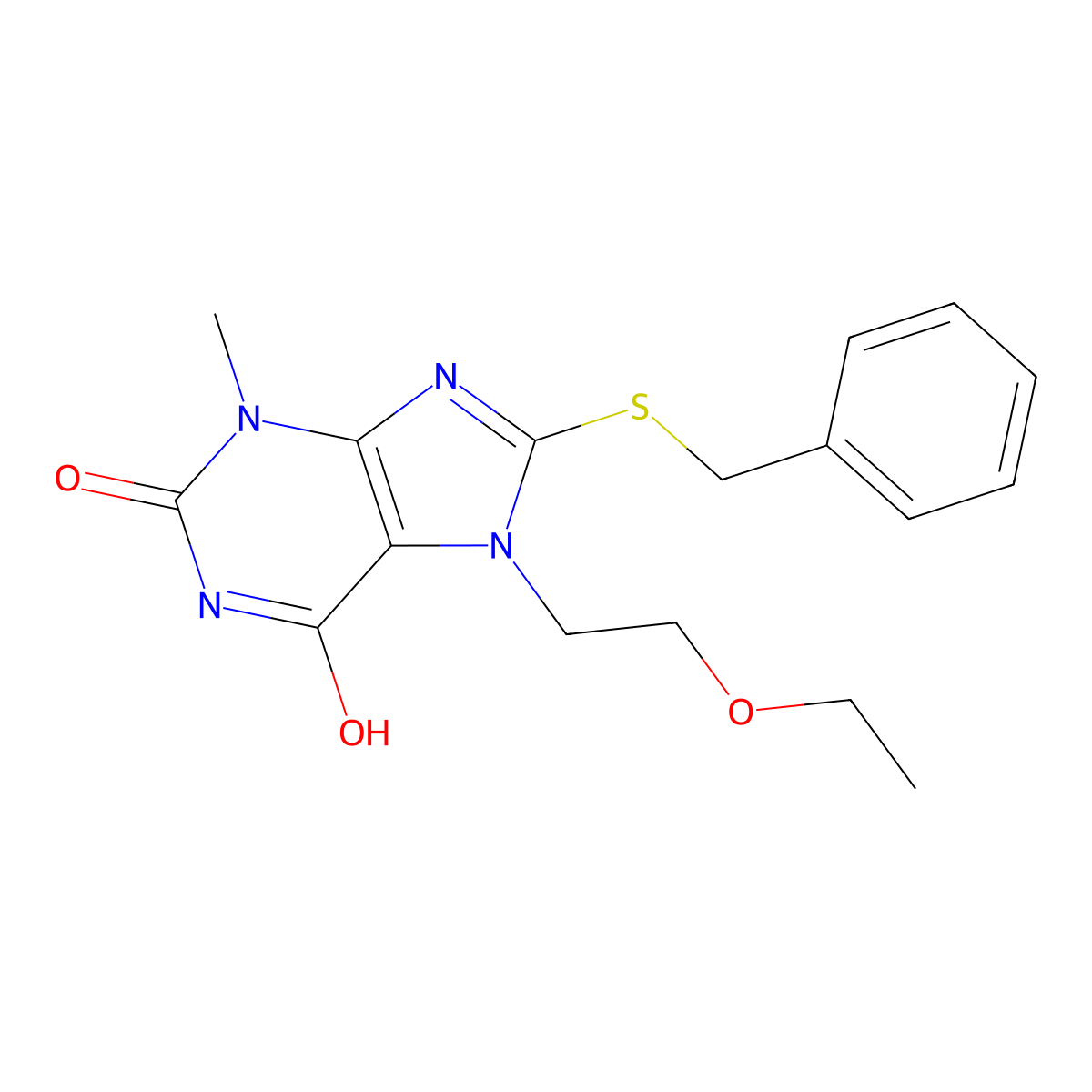 8-(benzylthio)-7-(2-ethoxyethyl)-3-methyl-1H-purine-2,6(3H,7H)-dione molecular structure, CAS 442864-54-2