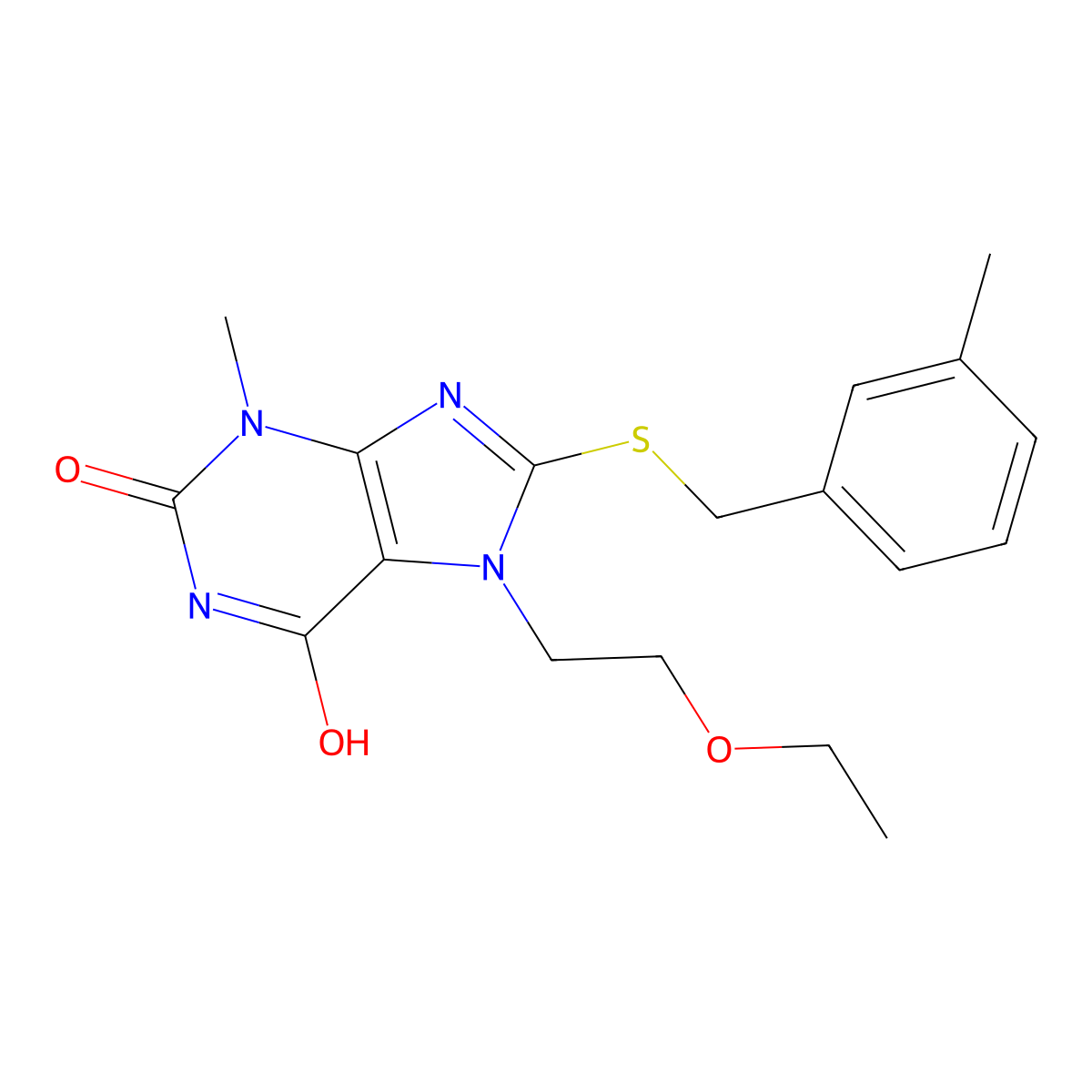 7-(2-ethoxyethyl)-3-methyl-8-((3-methylbenzyl)thio)-1H-purine-2,6(3H,7H)-dione molecular structure, CAS 442864-55-3