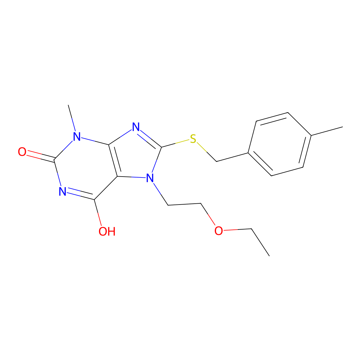 7-(2-ethoxyethyl)-3-methyl-8-((4-methylbenzyl)thio)-1H-purine-2,6(3H,7H)-dione molecular structure, CAS 442864-56-4