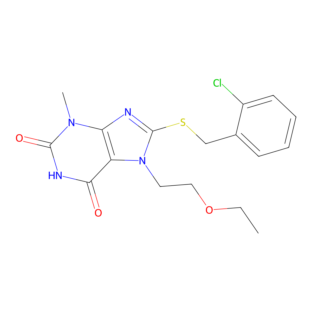 8-((2-chlorobenzyl)thio)-7-(2-ethoxyethyl)-3-methyl-1H-purine-2,6(3H,7H)-dione molecular structure, CAS 442864-57-5