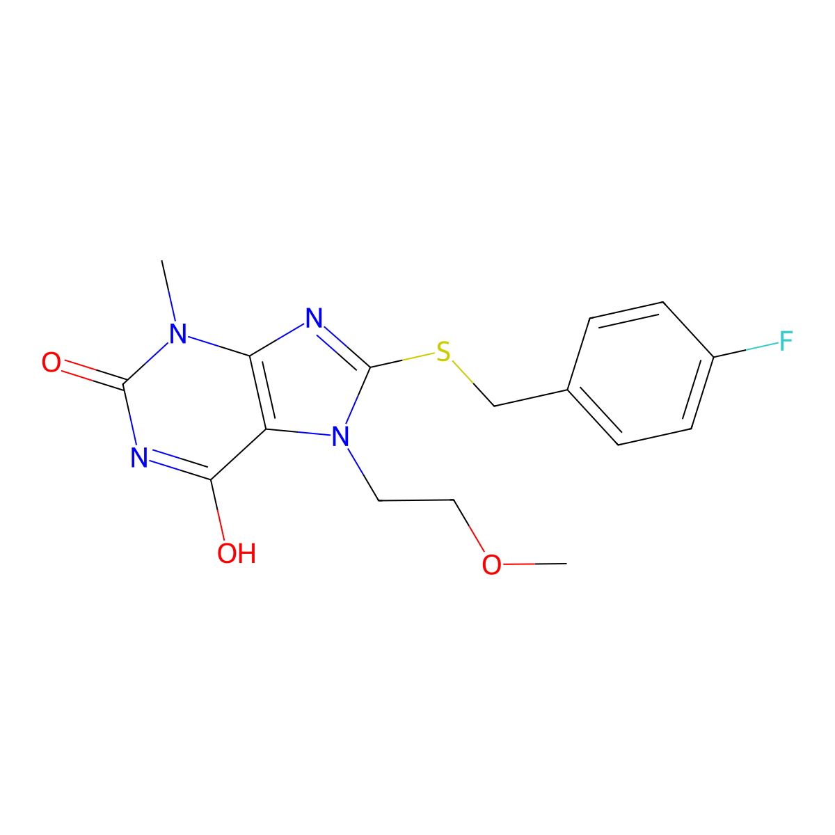 8-((4-fluorobenzyl)thio)-7-(2-methoxyethyl)-3-methyl-1H-purine-2,6(3H,7H)-dione molecular structure, CAS 442864-58-6