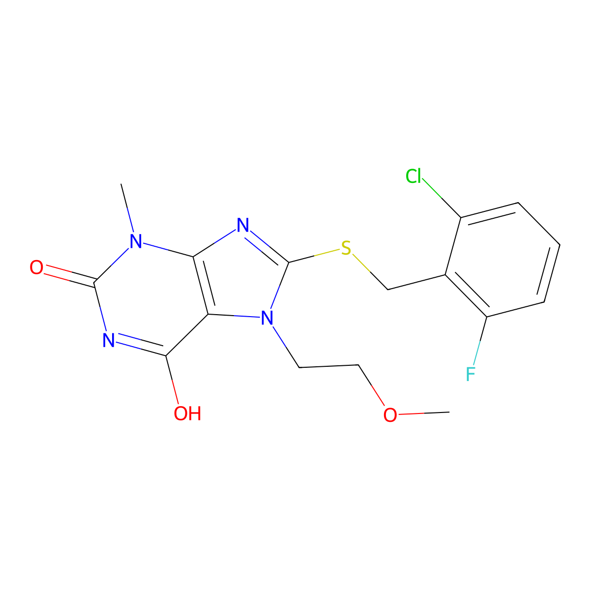 8-((2-chloro-6-fluorobenzyl)thio)-7-(2-methoxyethyl)-3-methyl-1H-purine-2,6(3H,7H)-dione molecular structure, CAS 442864-59-7