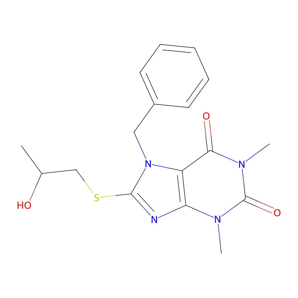 7-Benzyl-8-(2-hydroxy-propylsulfanyl)-1,3-dimethyl-3,7-dihydro-purine-2,6-dione molecular structure, CAS 442864-61-1