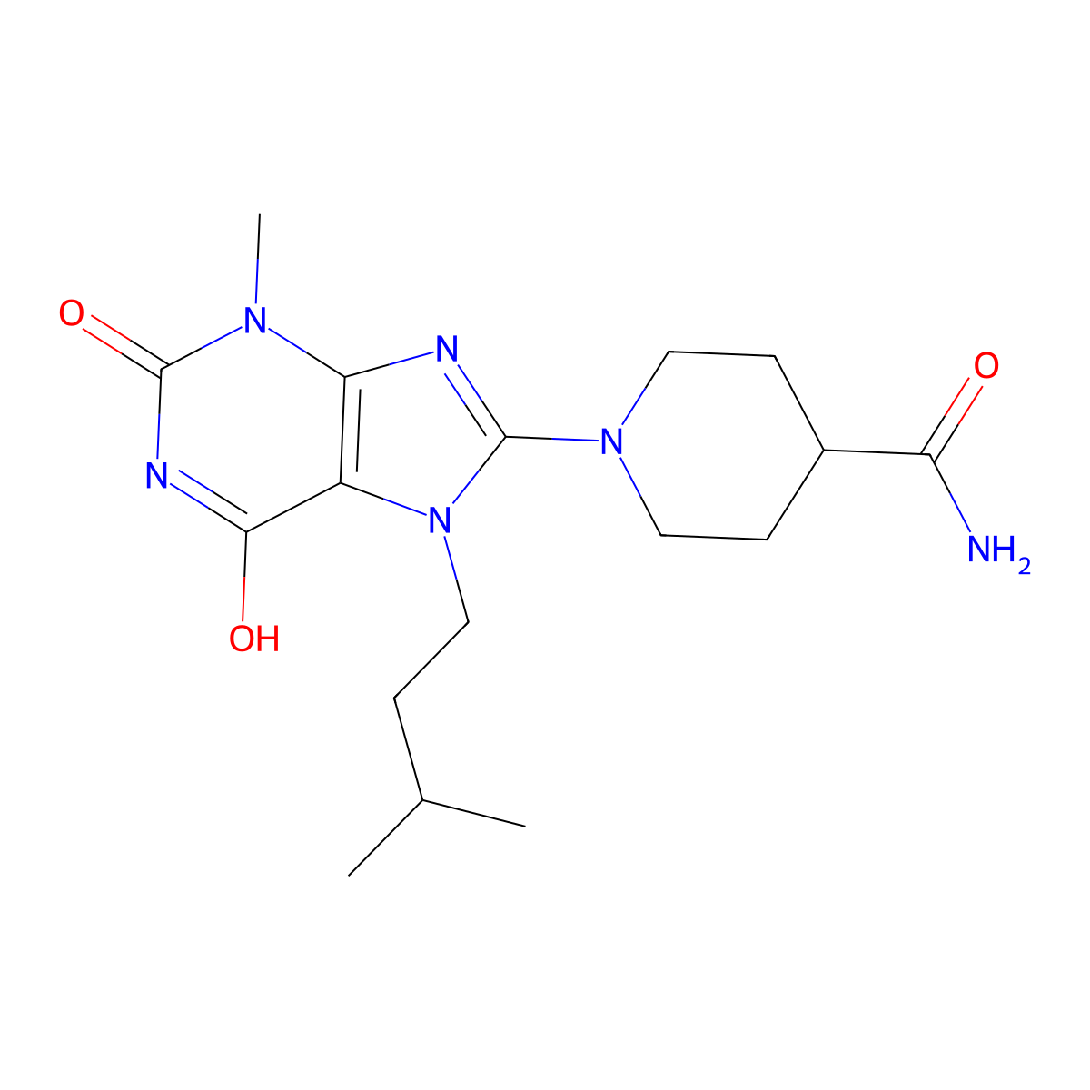1-(7-isopentyl-3-methyl-2,6-dioxo-2,3,6,7-tetrahydro-1H-purin-8-yl)piperidine-4-carboxamide molecular structure, CAS 442864-63-3