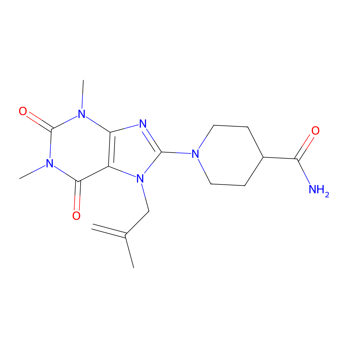 1-(1,3-dimethyl-7-(2-methylallyl)-2,6-dioxo-2,3,6,7-tetrahydro-1H-purin-8-yl)piperidine-4-carboxamide molecular structure, CAS 442864-65-5