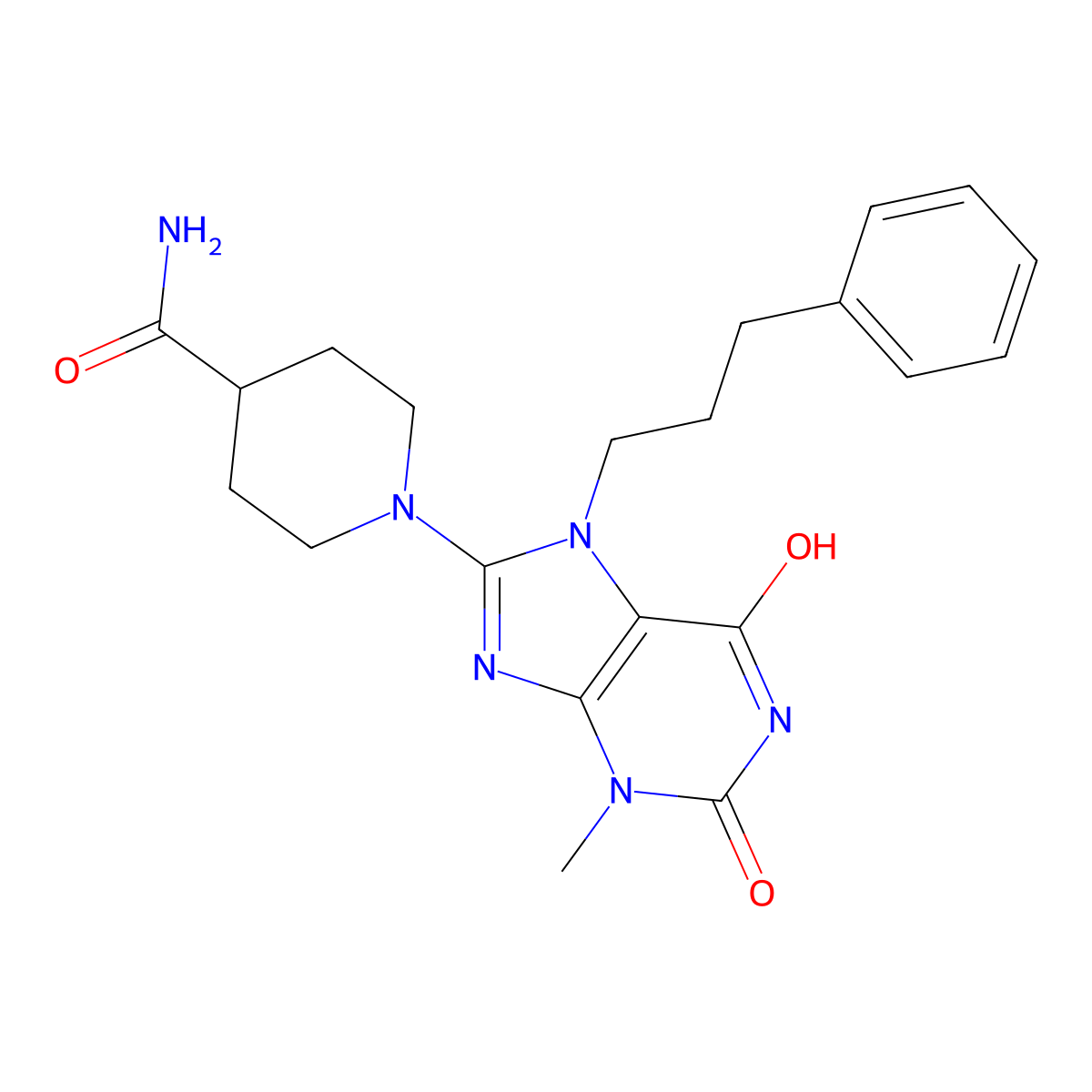 1-(3-methyl-2,6-dioxo-7-(3-phenylpropyl)-2,3,6,7-tetrahydro-1H-purin-8-yl)piperidine-4-carboxamide molecular structure, CAS 442864-66-6