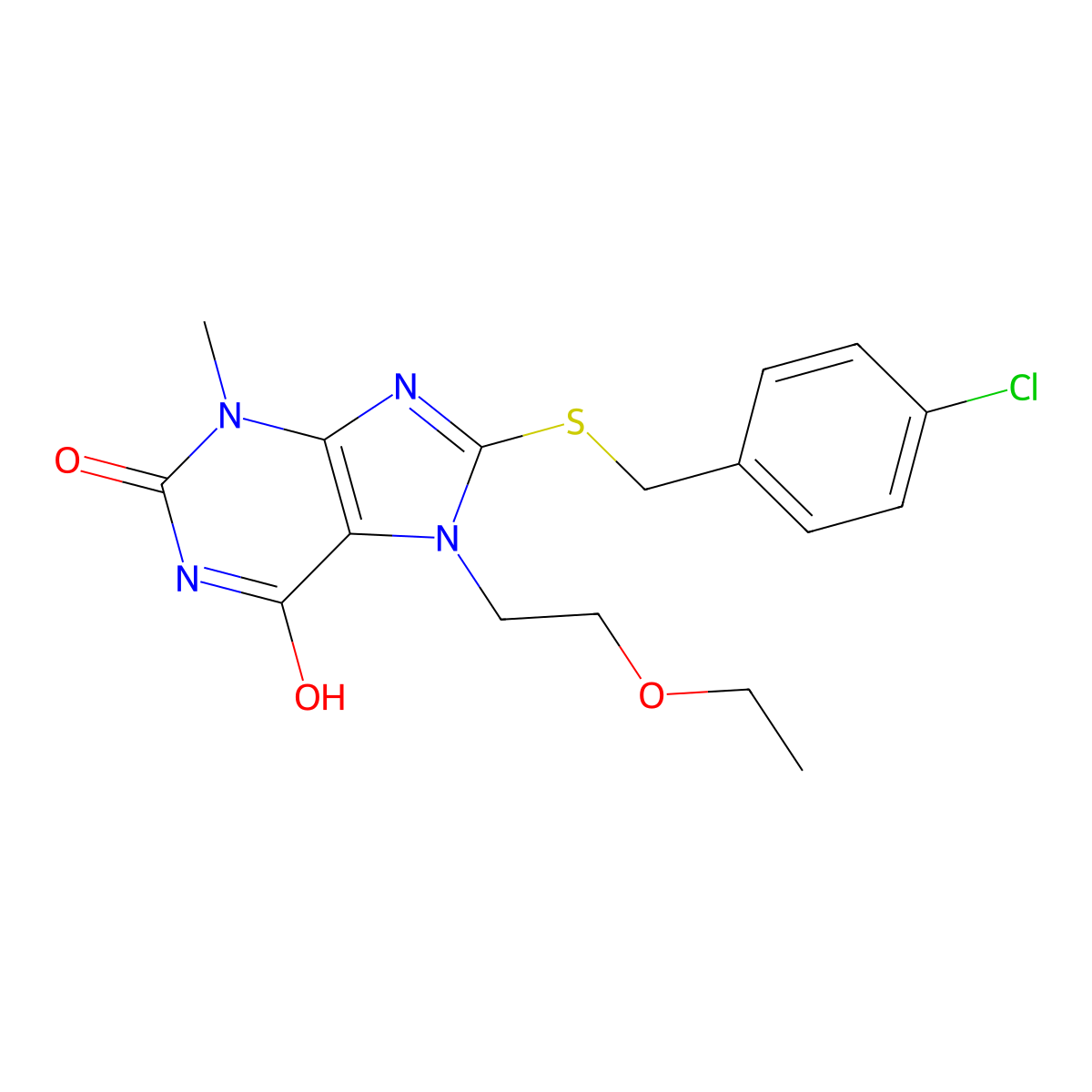 8-((4-chlorobenzyl)thio)-7-(2-ethoxyethyl)-3-methyl-1H-purine-2,6(3H,7H)-dione molecular structure, CAS 442864-68-8