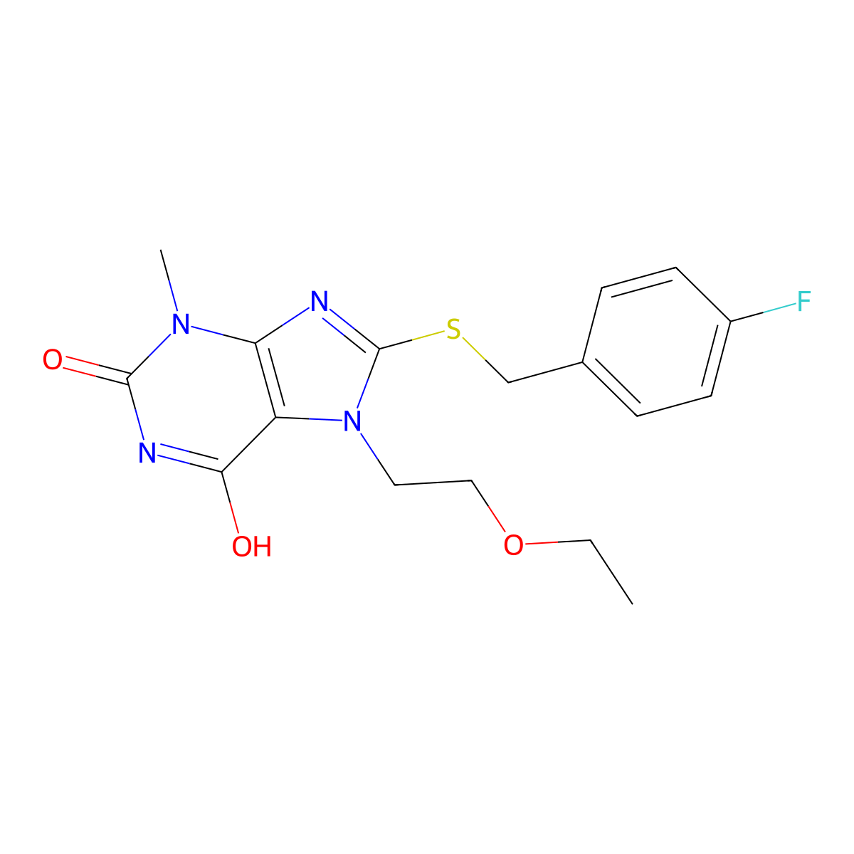7-(2-ethoxyethyl)-8-((4-fluorobenzyl)thio)-3-methyl-1H-purine-2,6(3H,7H)-dione molecular structure, CAS 442864-69-9
