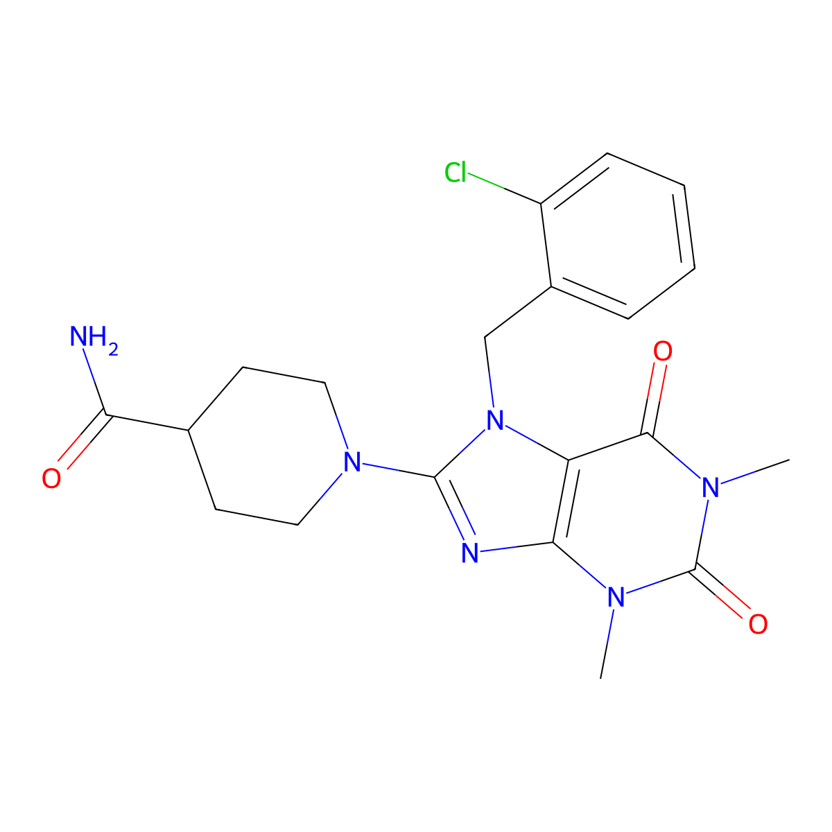 1-(7-(2-chlorobenzyl)-1,3-dimethyl-2,6-dioxo-2,3,6,7-tetrahydro-1H-purin-8-yl)piperidine-4-carboxamide molecular structure, CAS 442864-71-3