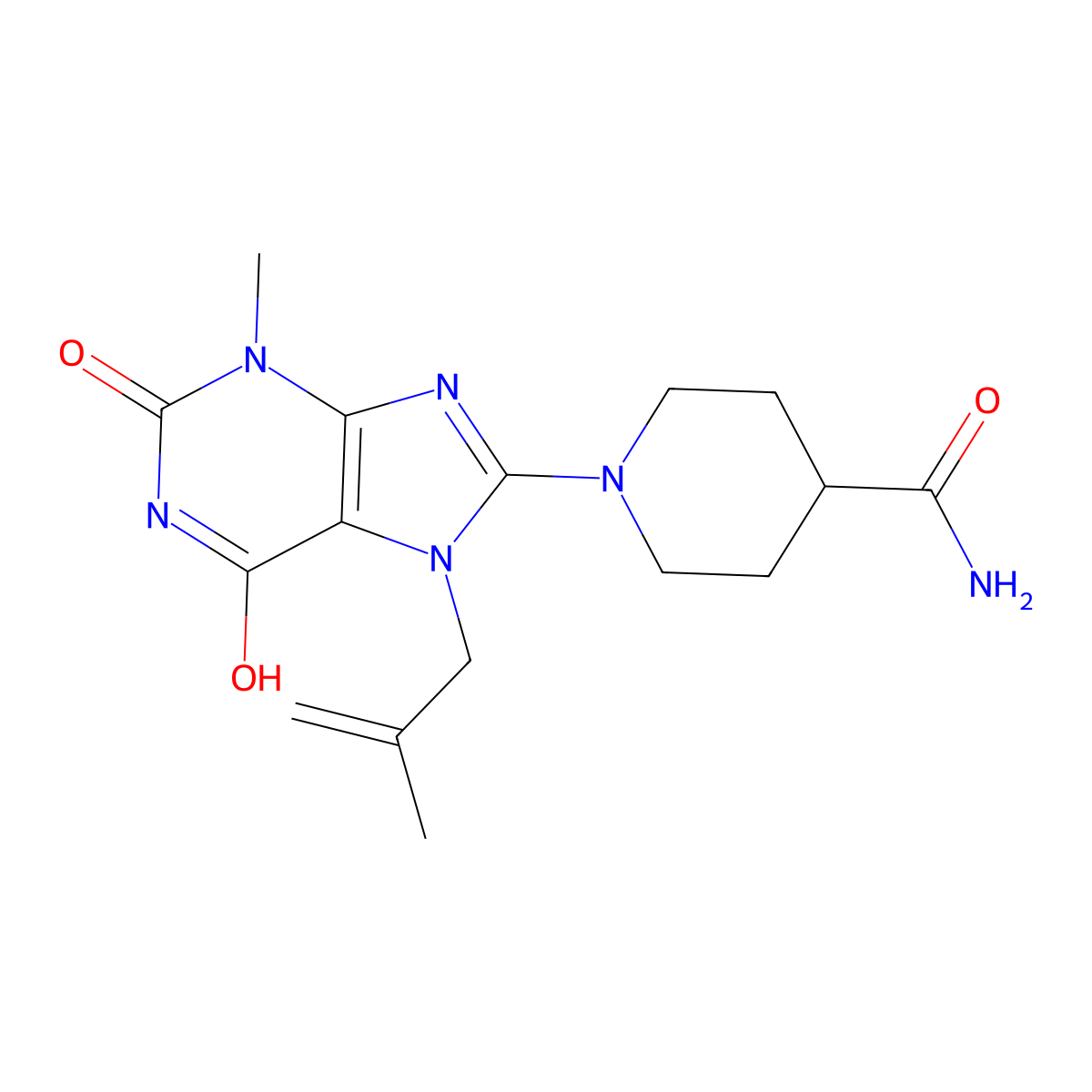 1-(3-methyl-7-(2-methylallyl)-2,6-dioxo-2,3,6,7-tetrahydro-1H-purin-8-yl)piperidine-4-carboxamide molecular structure, CAS 442864-73-5