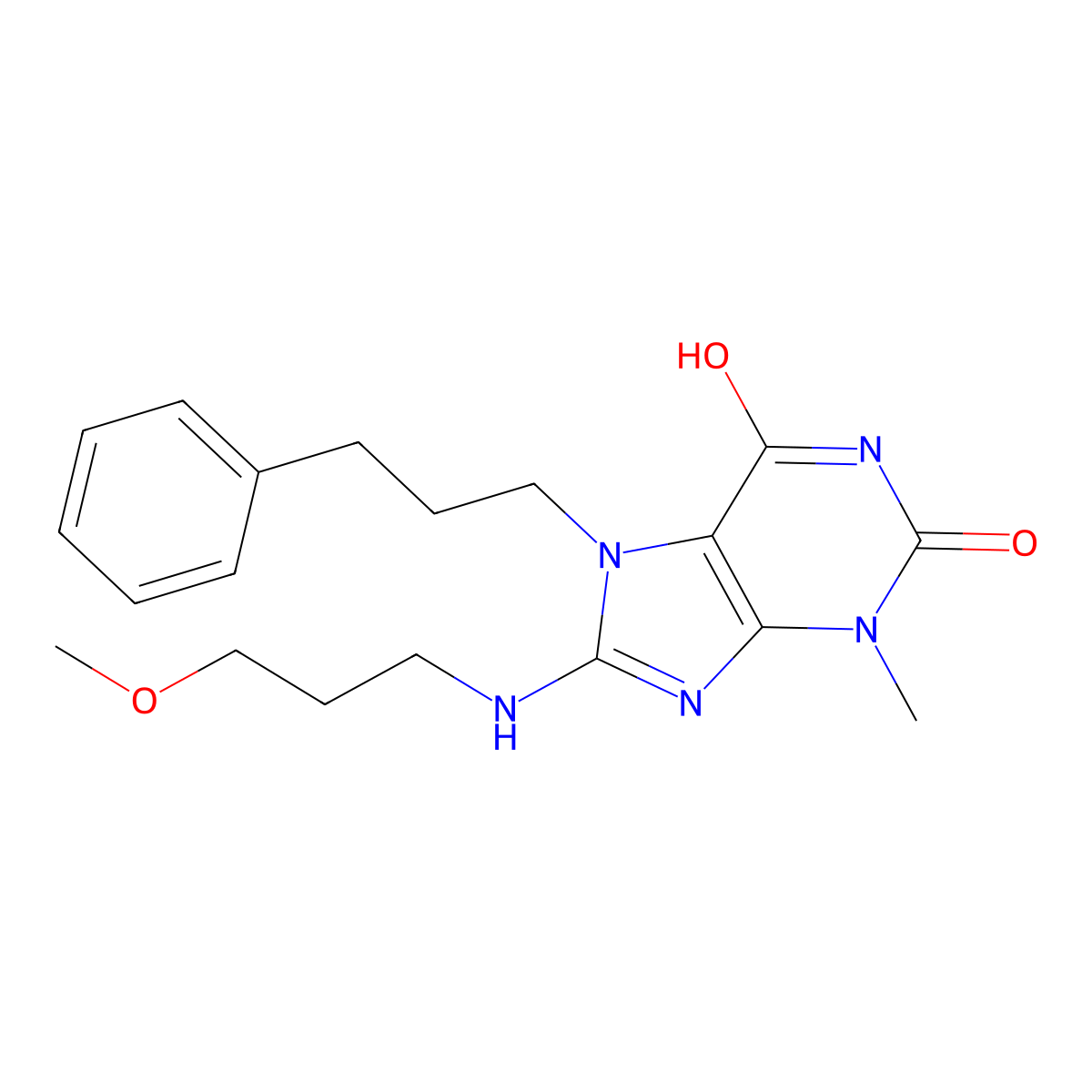 8-(3-Methoxy-propylamino)-3-methyl-7-(3-phenyl-propyl)-3,7-dihydro-purine-2,6-dione molecular structure, CAS 442864-74-6
