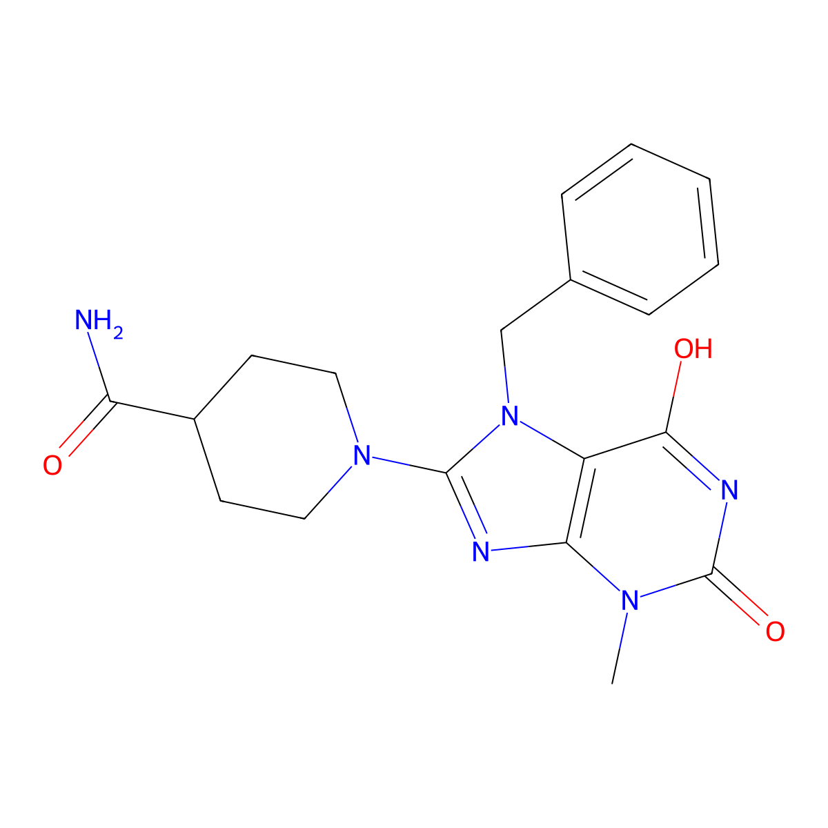 1-(7-benzyl-3-methyl-2,6-dioxo-2,3,6,7-tetrahydro-1H-purin-8-yl)piperidine-4-carboxamide molecular structure, CAS 442864-75-7