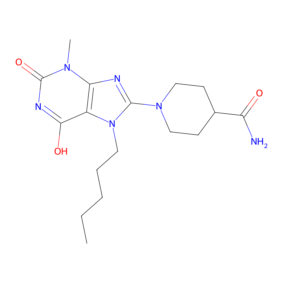 1-(3-methyl-2,6-dioxo-7-pentyl-2,3,6,7-tetrahydro-1H-purin-8-yl)piperidine-4-carboxamide molecular structure, CAS 442864-76-8