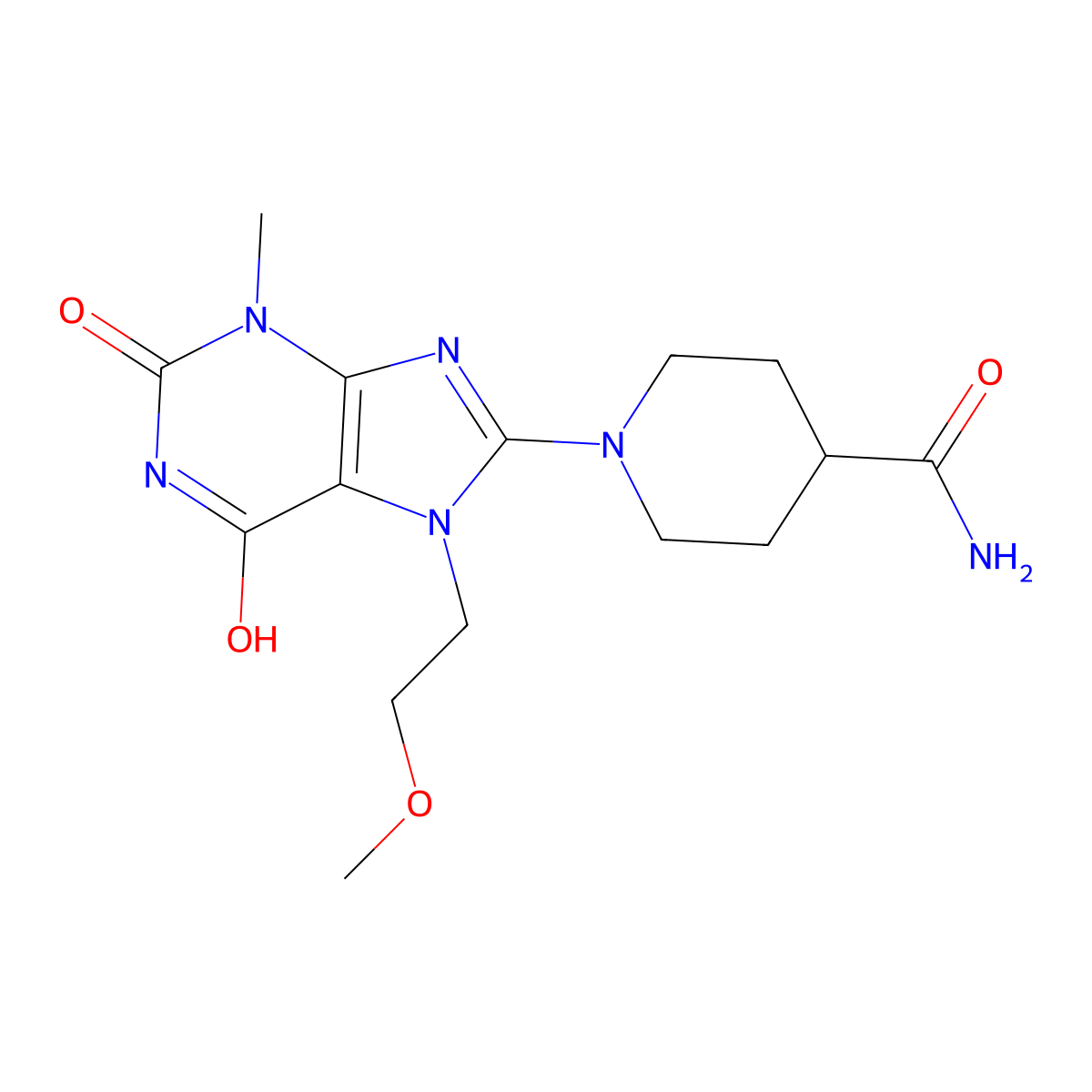 1-(7-(2-methoxyethyl)-3-methyl-2,6-dioxo-2,3,6,7-tetrahydro-1H-purin-8-yl)piperidine-4-carboxamide molecular structure, CAS 442864-77-9