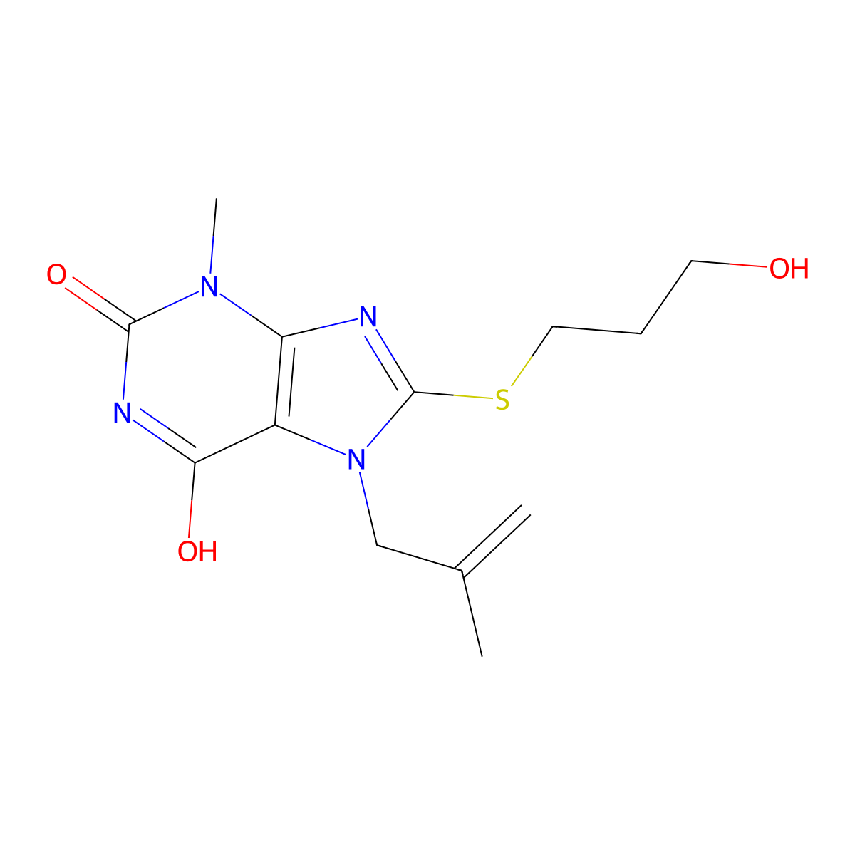 8-((3-hydroxypropyl)thio)-3-methyl-7-(2-methylallyl)-1H-purine-2,6(3H,7H)-dione molecular structure, CAS 442864-78-0