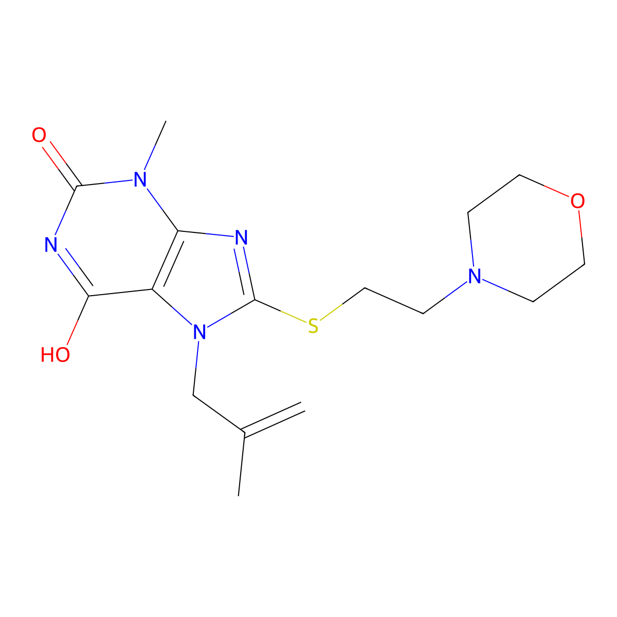 3-methyl-7-(2-methylallyl)-8-((2-morpholinoethyl)thio)-1H-purine-2,6(3H,7H)-dione molecular structure, CAS 442864-79-1