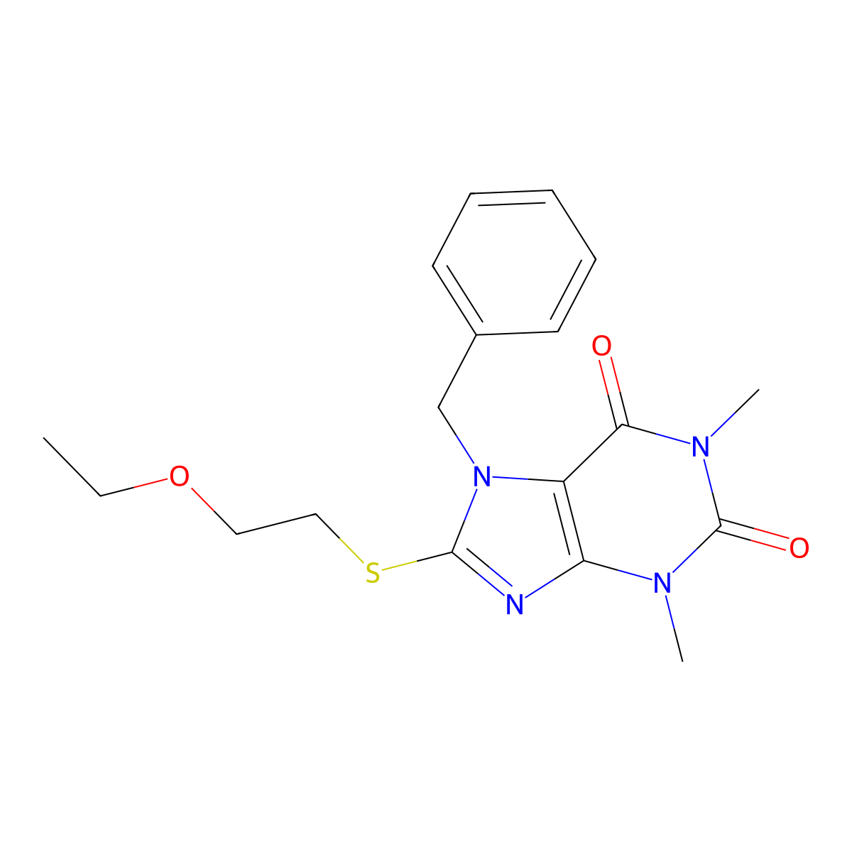 7-benzyl-8-((2-ethoxyethyl)thio)-1,3-dimethyl-1H-purine-2,6(3H,7H)-dione molecular structure, CAS 442864-80-4