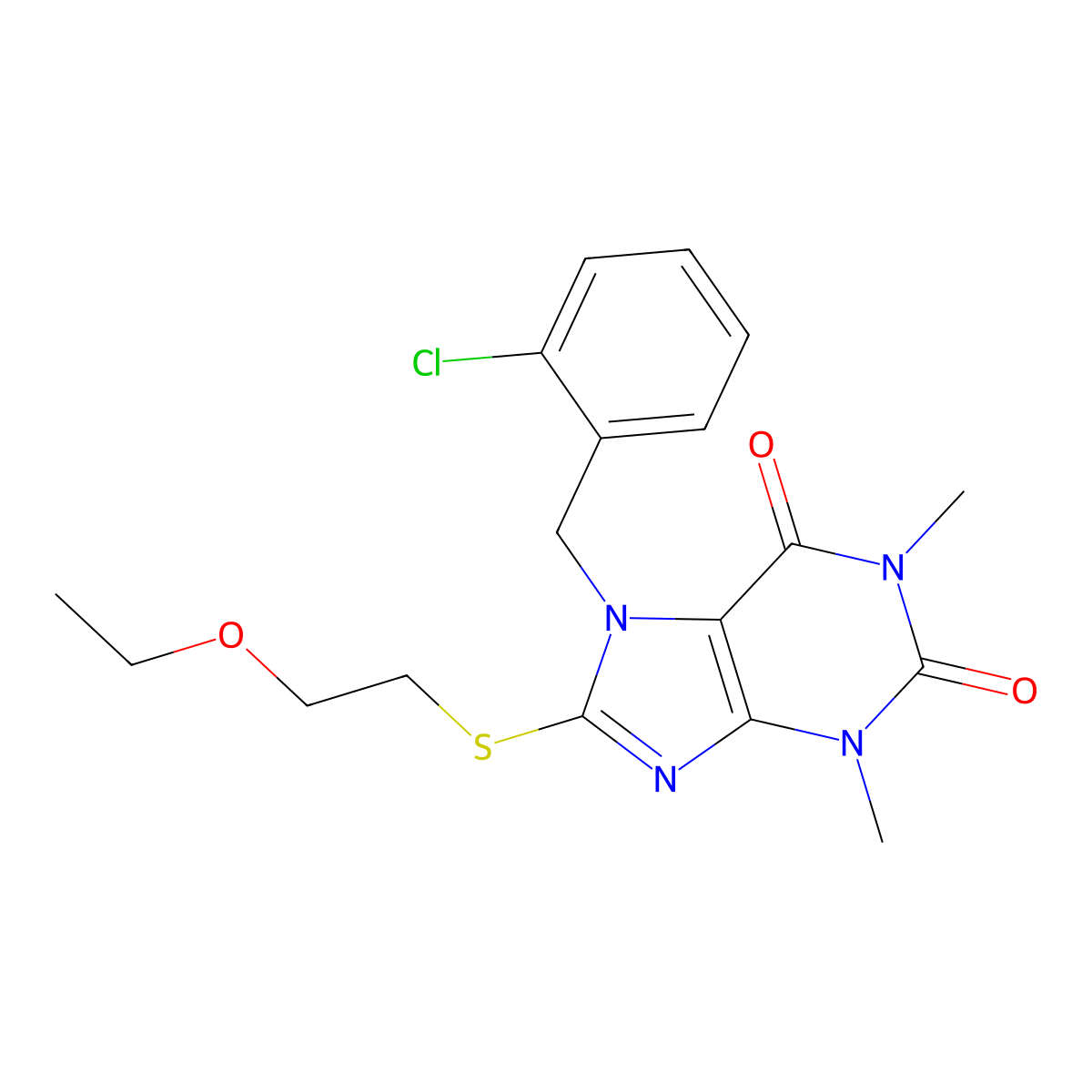 7-(2-chlorobenzyl)-8-((2-ethoxyethyl)thio)-1,3-dimethyl-1H-purine-2,6(3H,7H)-dione molecular structure, CAS 442864-81-5