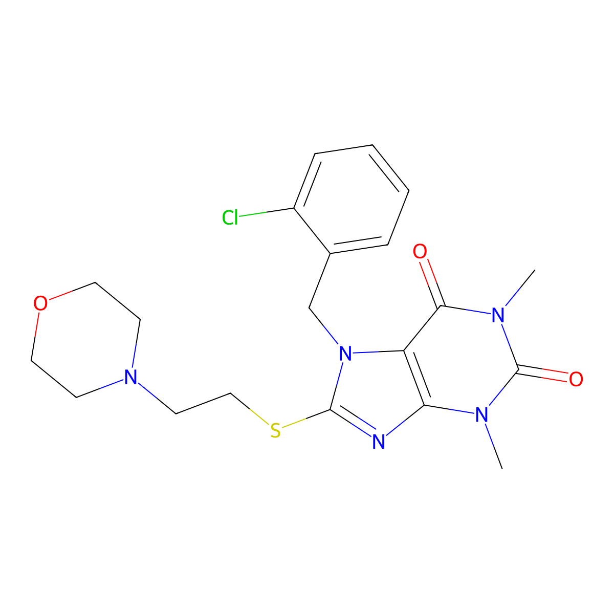 7-(2-chlorobenzyl)-1,3-dimethyl-8-((2-morpholinoethyl)thio)-1H-purine-2,6(3H,7H)-dione molecular structure, CAS 442864-82-6