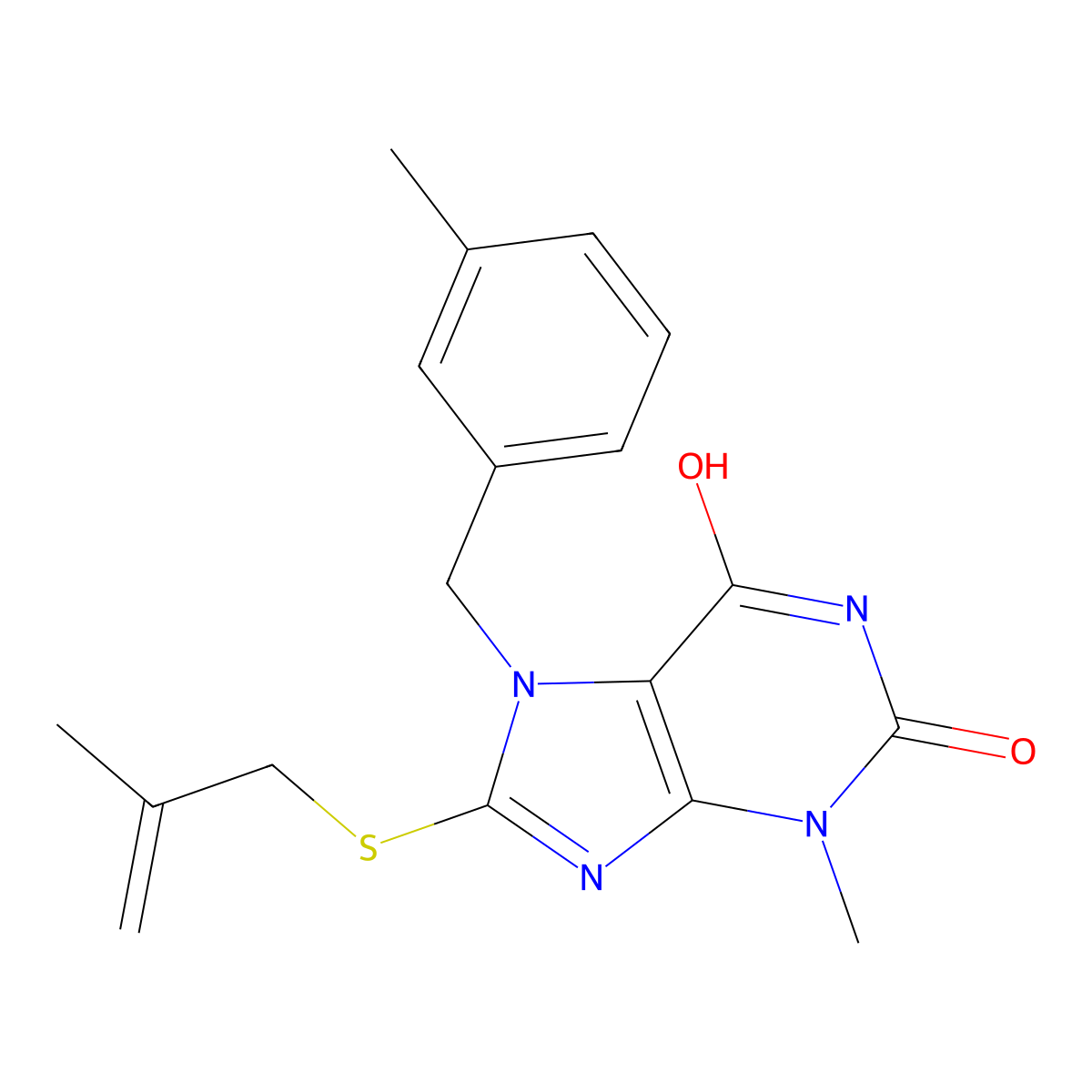 3-methyl-8-((2-methylallyl)thio)-7-(3-methylbenzyl)-1H-purine-2,6(3H,7H)-dione molecular structure, CAS 442864-83-7