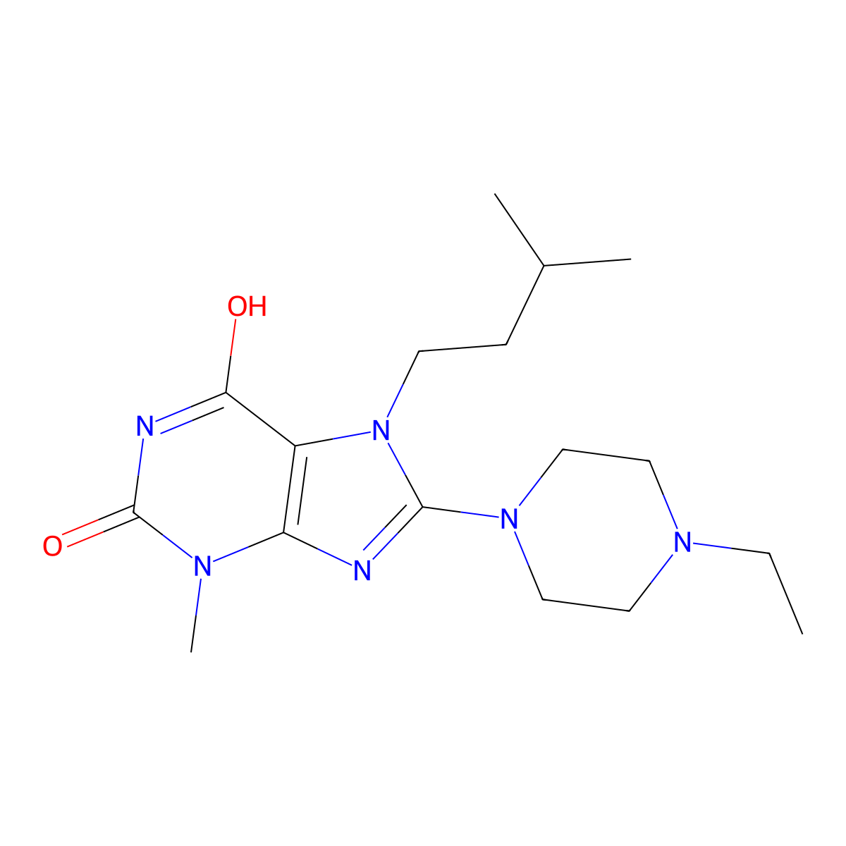 8-(4-ethylpiperazin-1-yl)-7-isopentyl-3-methyl-1H-purine-2,6(3H,7H)-dione molecular structure, CAS 442864-84-8