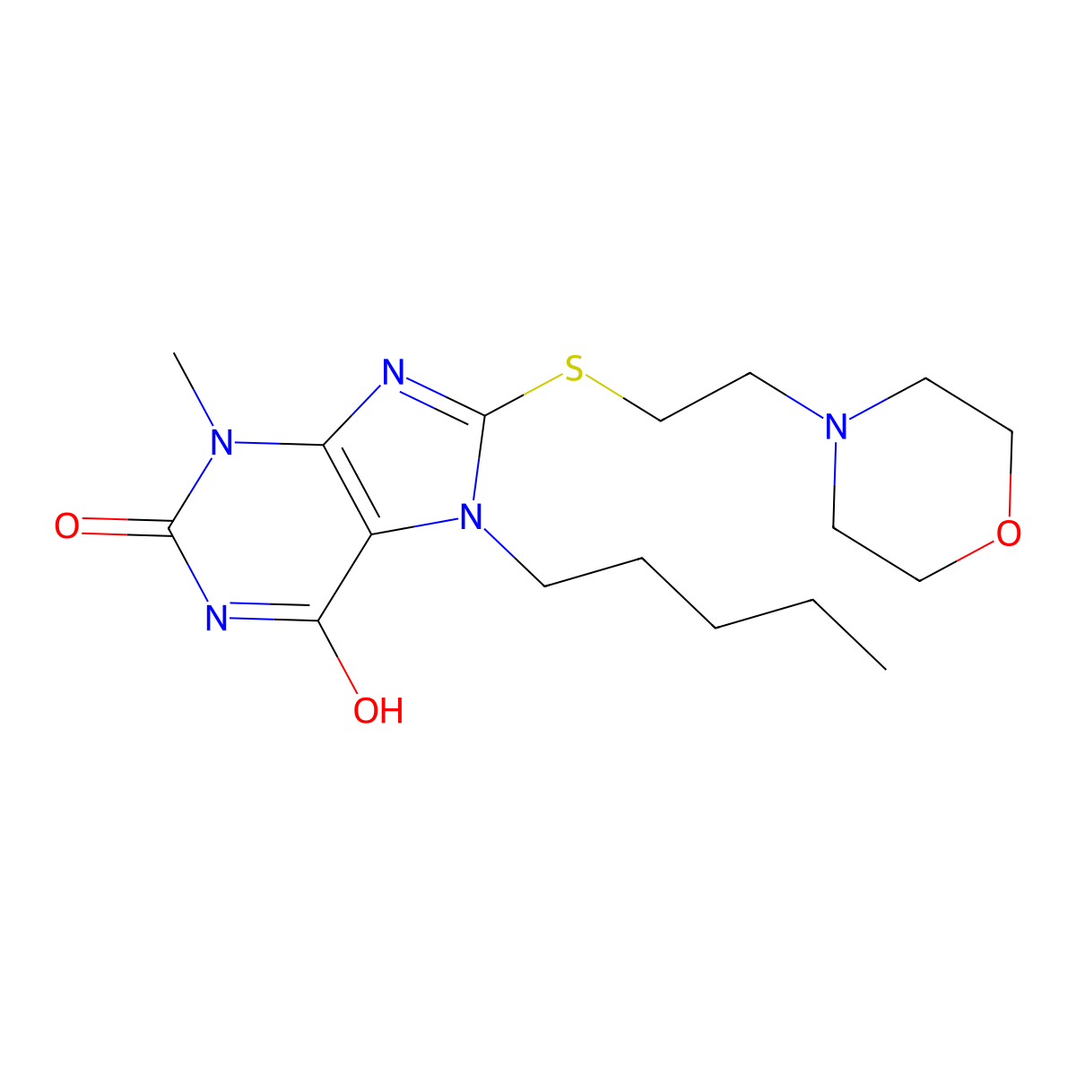 3-methyl-8-((2-morpholinoethyl)thio)-7-pentyl-1H-purine-2,6(3H,7H)-dione molecular structure, CAS 442864-86-0