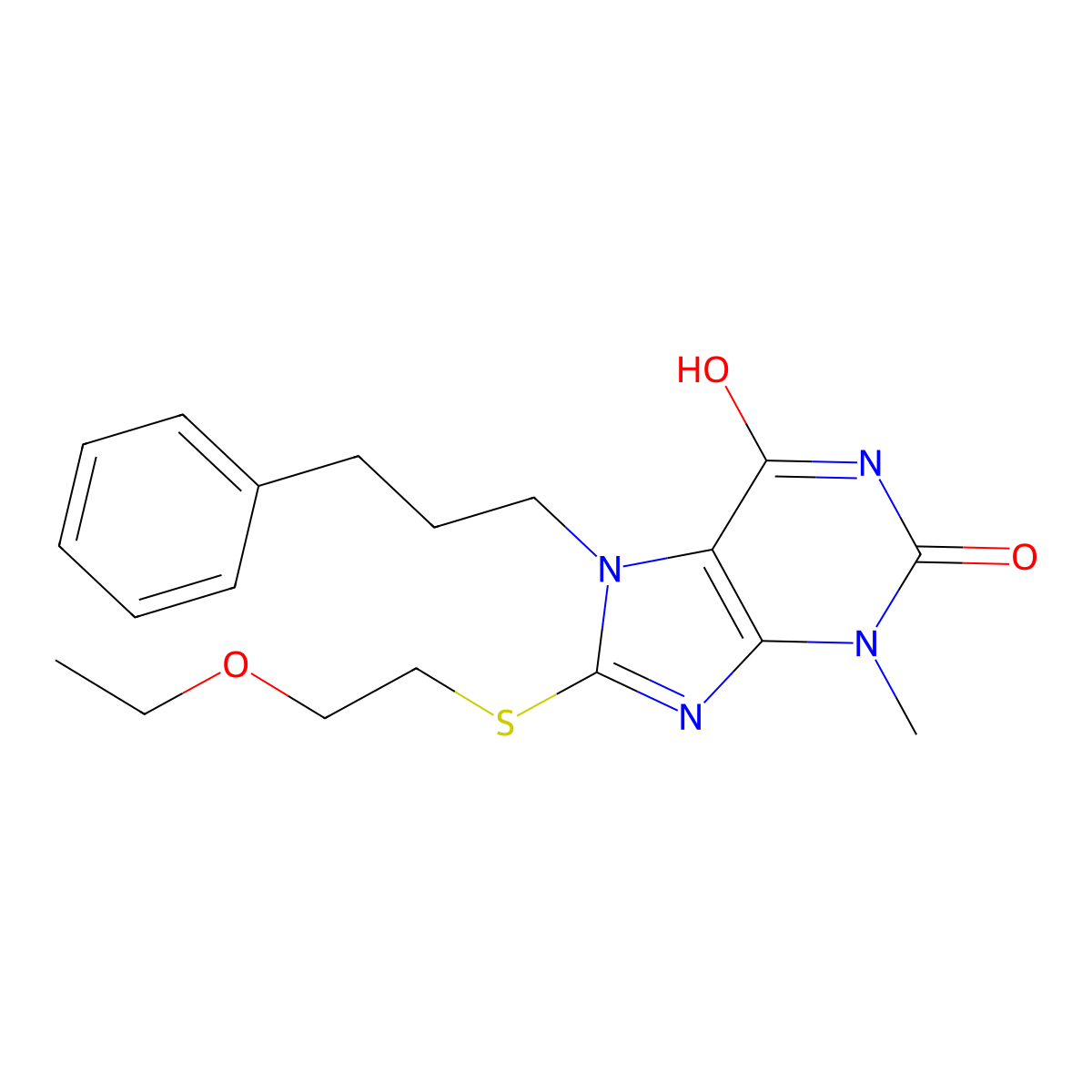 8-((2-ethoxyethyl)thio)-3-methyl-7-(3-phenylpropyl)-1H-purine-2,6(3H,7H)-dione molecular structure, CAS 442864-88-2