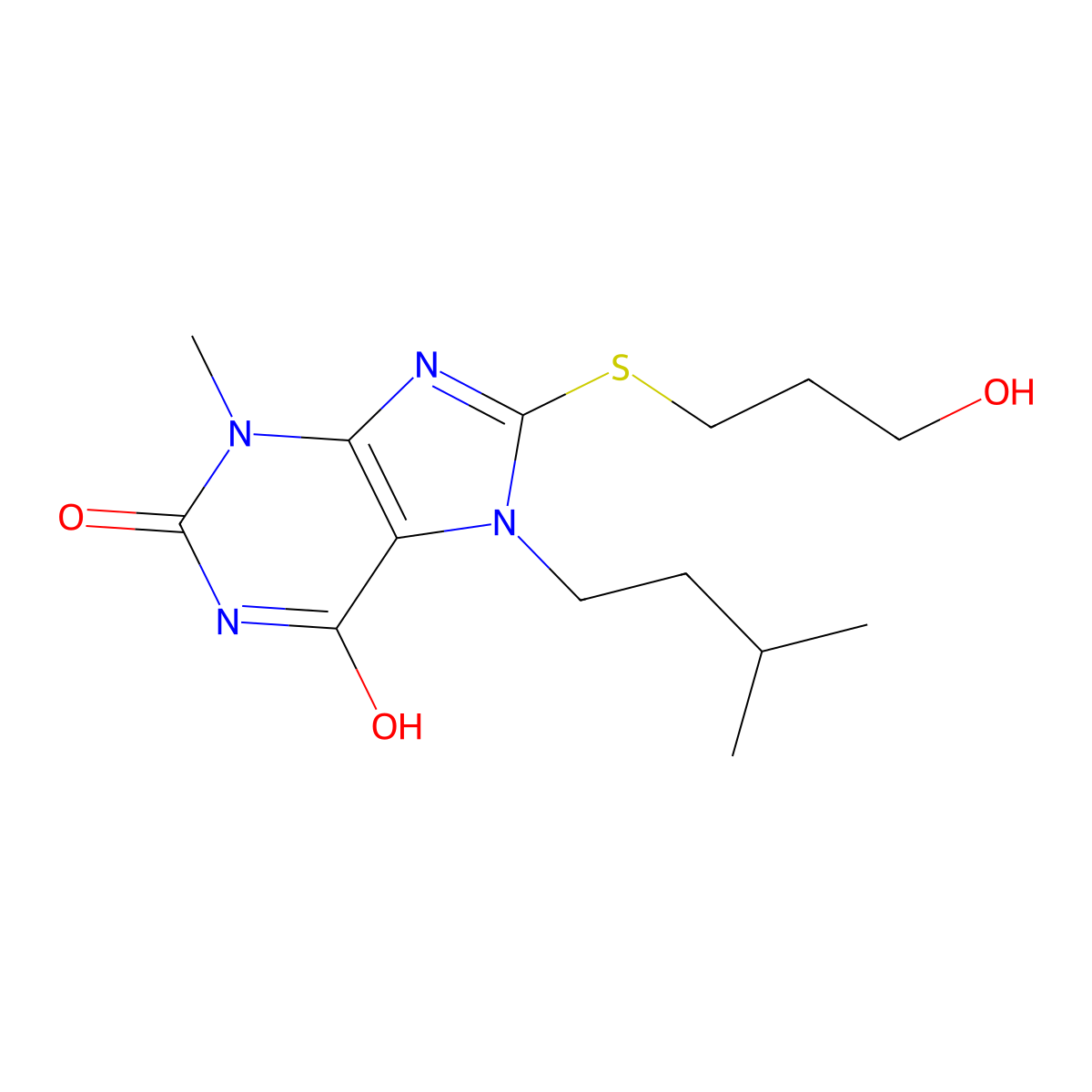 8-((3-hydroxypropyl)thio)-7-isopentyl-3-methyl-1H-purine-2,6(3H,7H)-dione molecular structure, CAS 442864-89-3